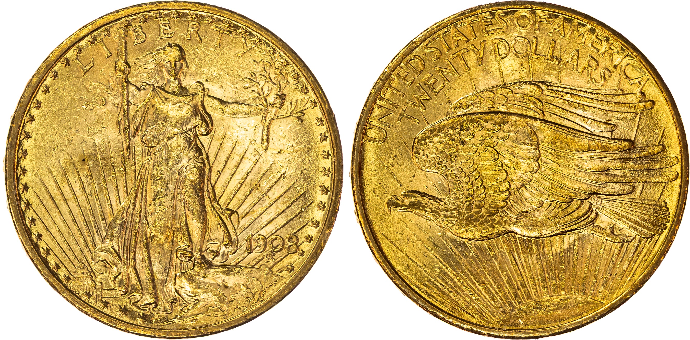 USA , Saint-Gaudens Double Eagle, gold 20 Dollars, 1908, Philadelphia, no motto, 33.48g (Fr. 185). About Uncir…
