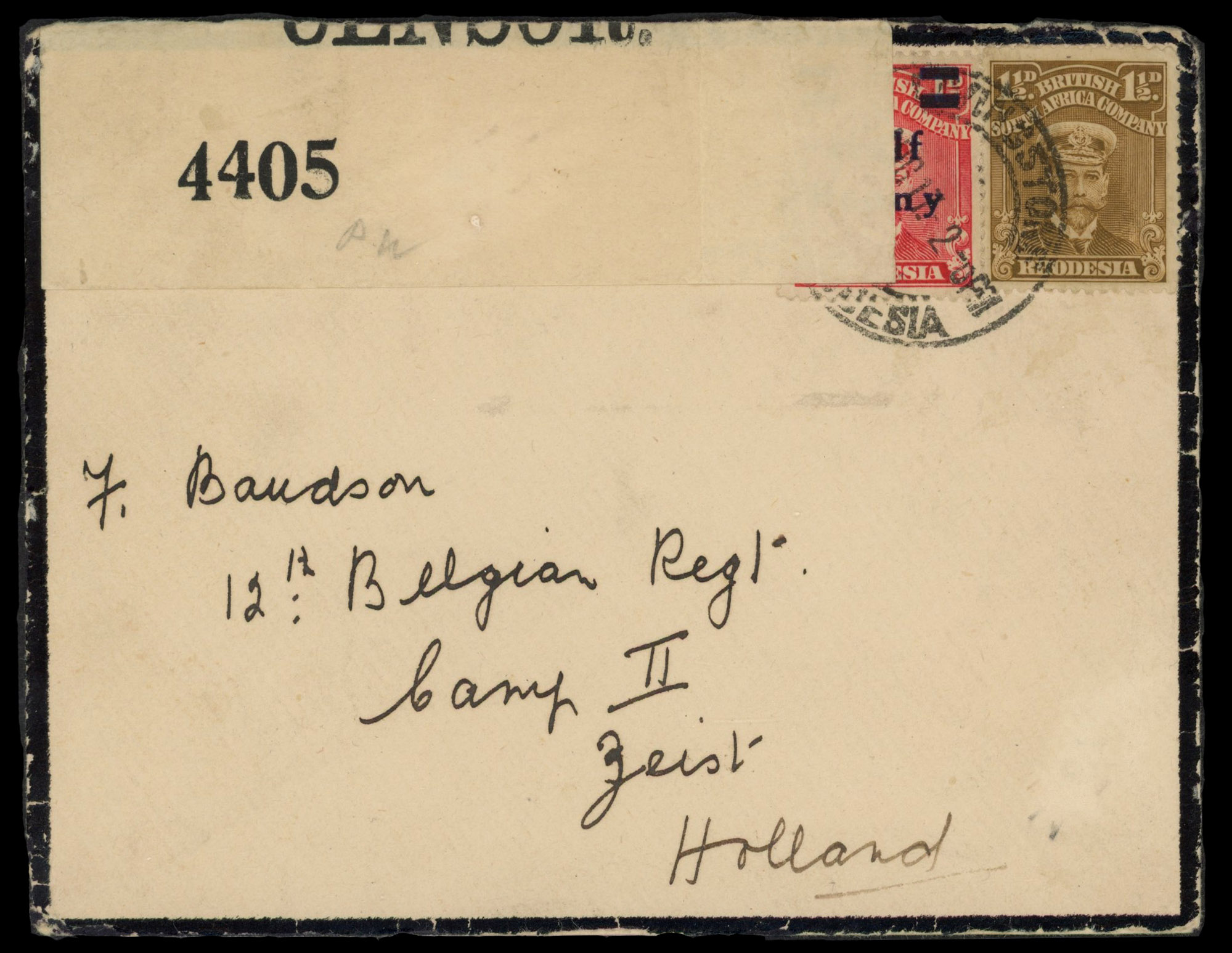 Rhodesia 1917 ½d on 1d on mourning envelope to Holland dated 10th August