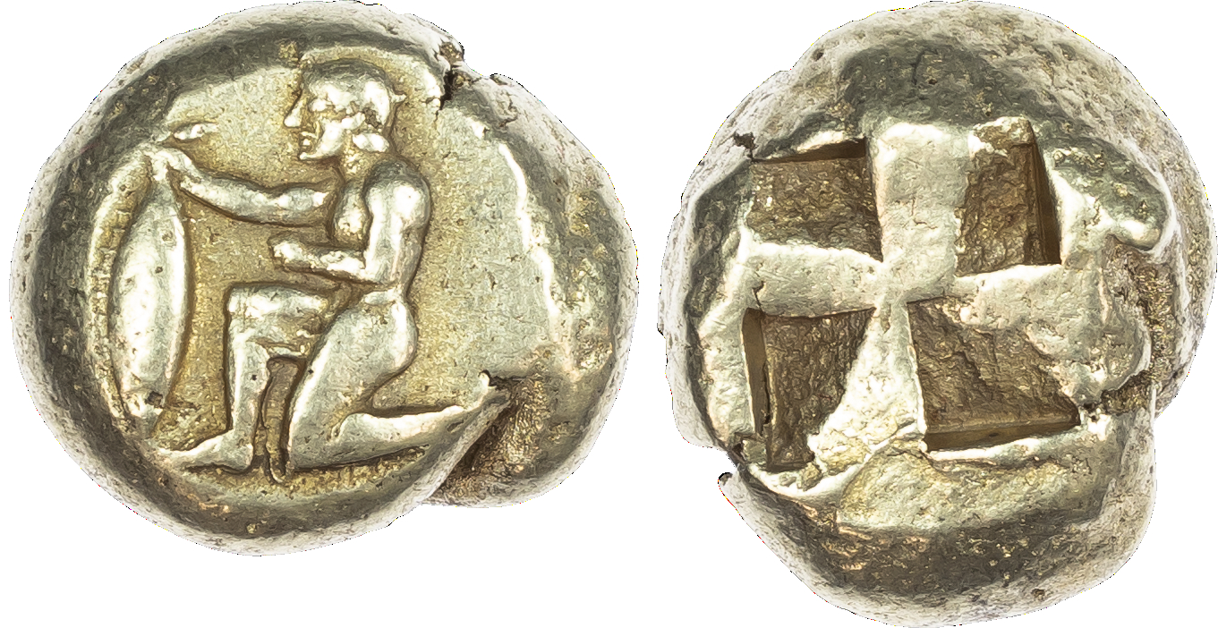 Mysia, Kyzikos (c. 550‑450 BC) EL Stater, 16.11g. Nude male kneeling left, holding tunny fish. Rev. Quadripartite incuse