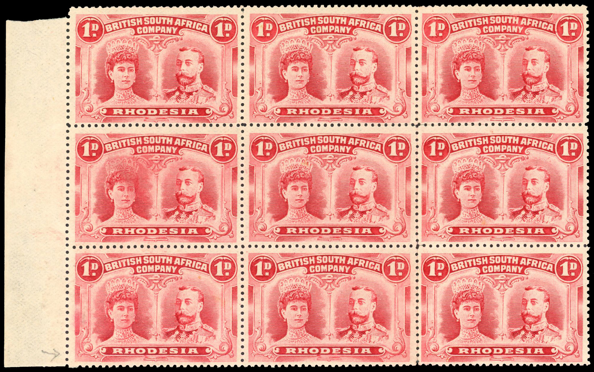 1d rosine SG 124 variant marginal block of nine, positions 51-73 mint