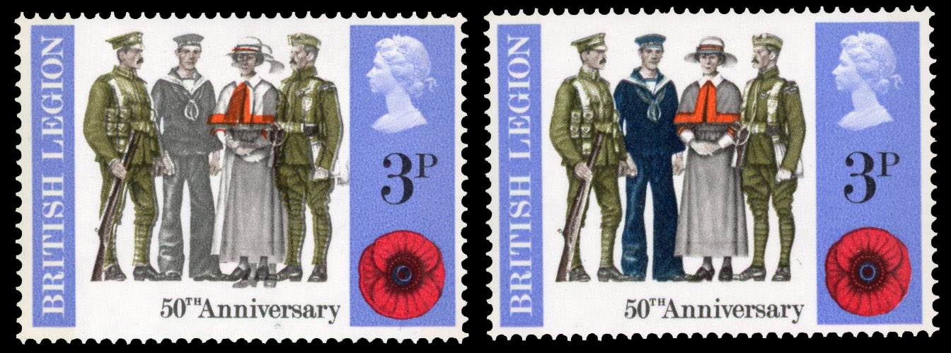 1971 3p Anniversaries, deep blue omitted, offered with normal for comparison, fine unmounted o.g. SG 887a  