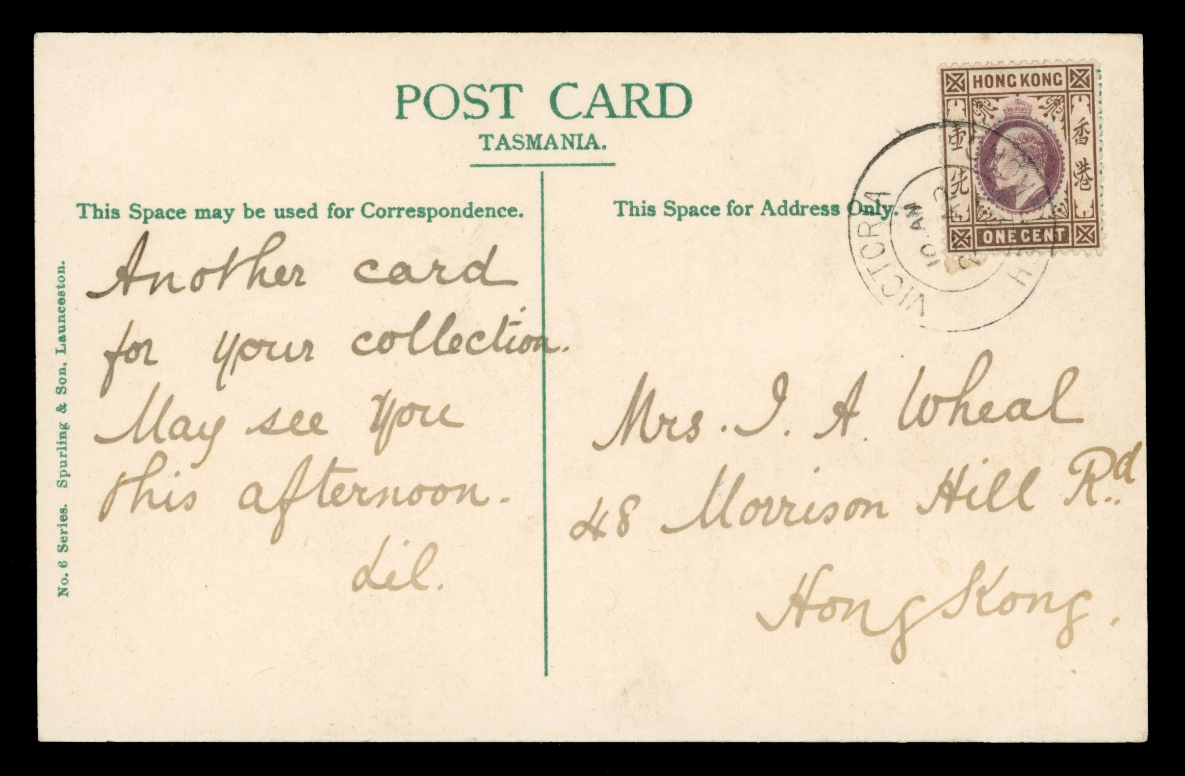 Hong Kong 1907 picture postcard addressed locally bearing 1c tied by scarce ‘VICTORIA/27 AP 07/HONG KONG' datestamp
