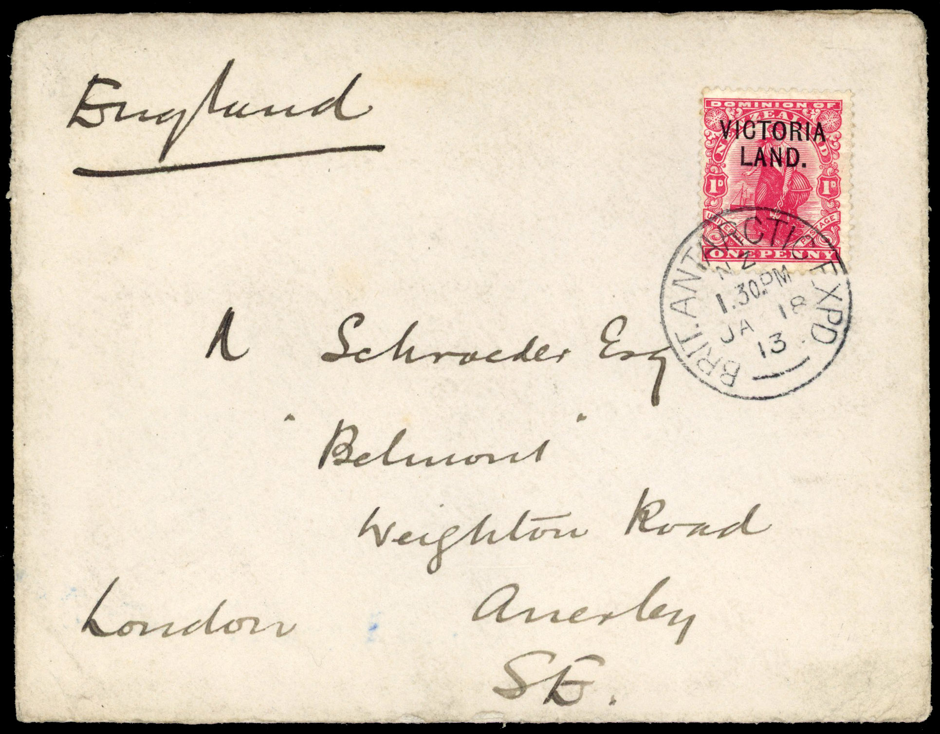 New Zealand Antarctic Expedition 1913 Victoria Land cover to England