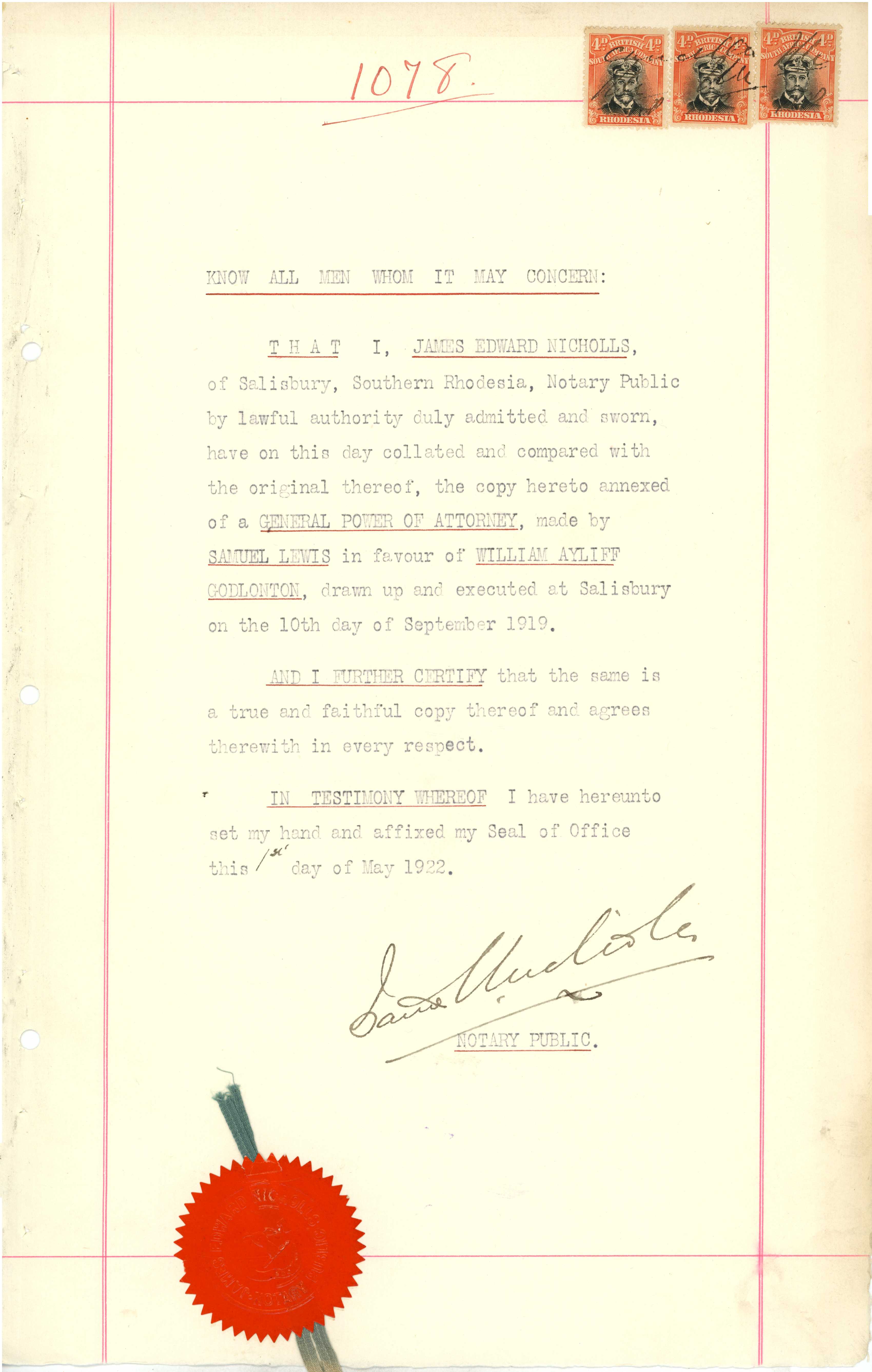 Revenue. 1922 notarial documents each with...