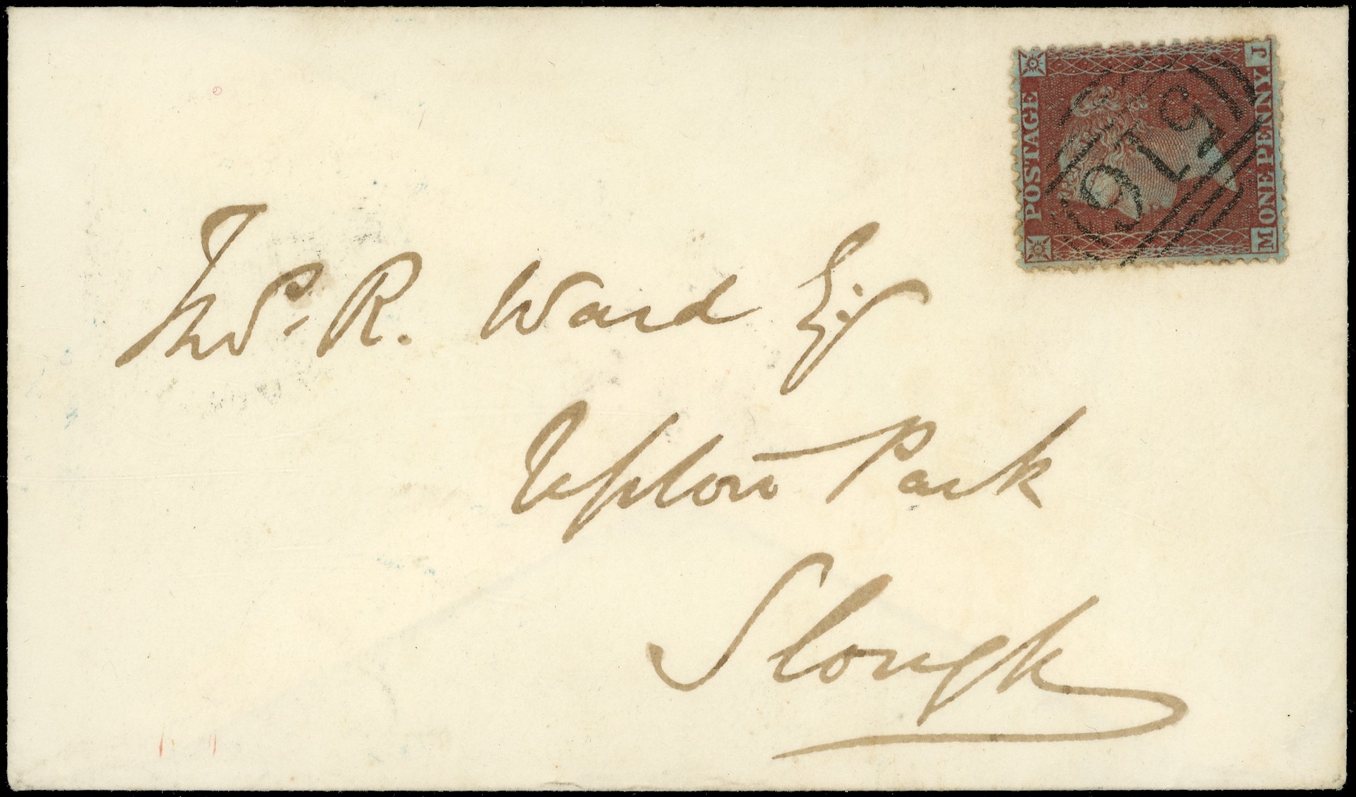 Great Britain 1855 1d Red brown Pl.24 Very fine used example lettered MJ of this scarce “abnormal“ issue on clean envelope...