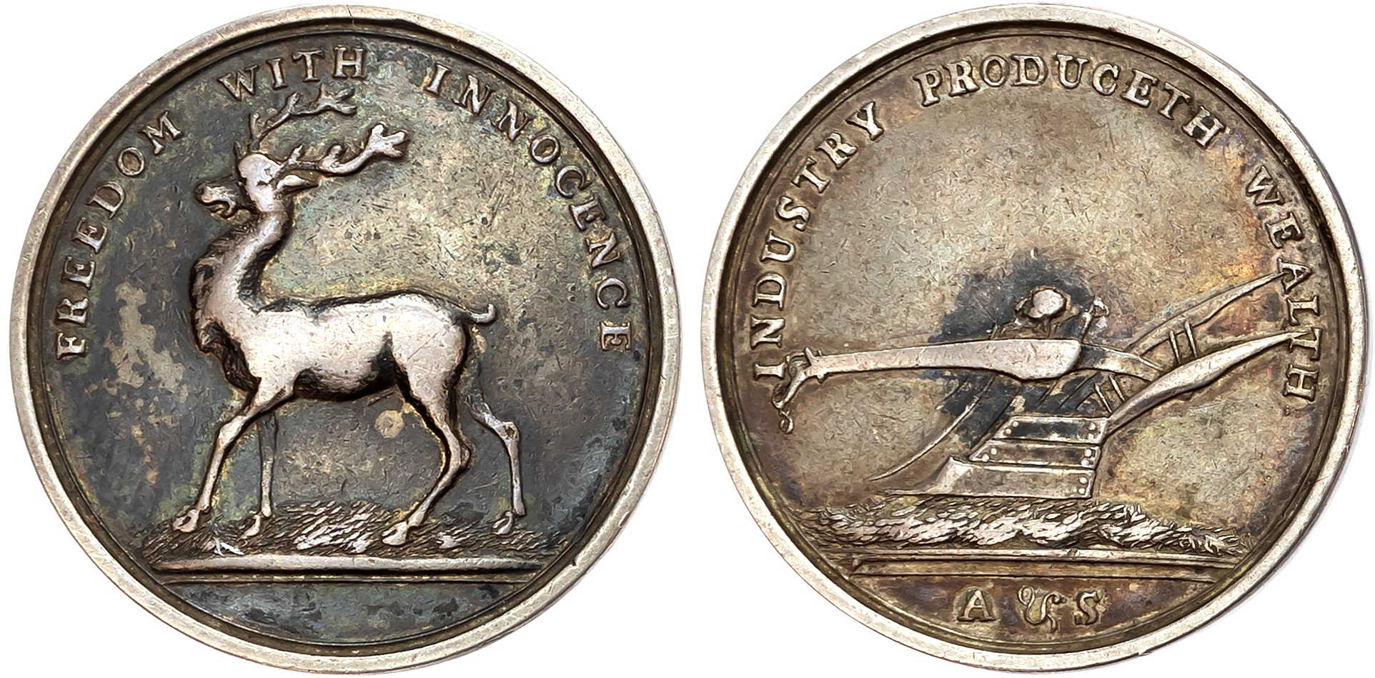 London, Social Series, Lutwyche’s Buck Society Silver Halfpenny undated, Stag walking left, rev. Plough, A&S below, edg …