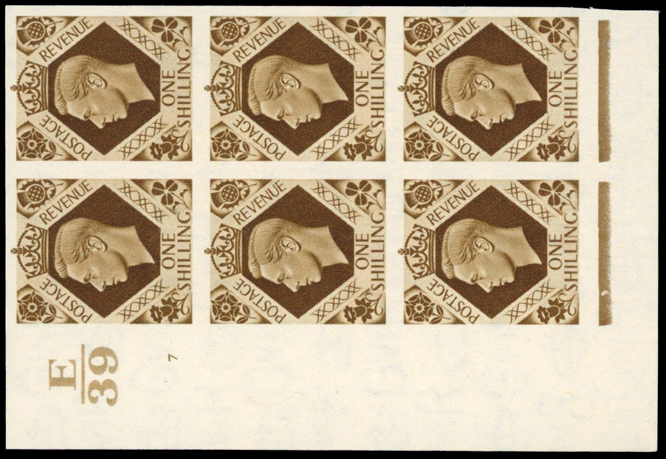 Great Britain 1937 1s Bistre-brown, Control Block of Six, BPMA Imprimatur, SG 475
