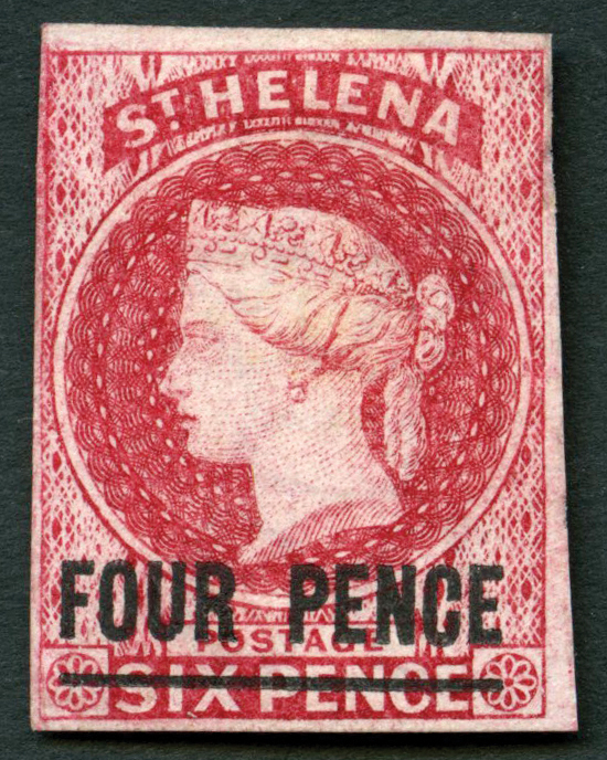 1863 4d carmine unused (no gum) margins clear/good, constant variety 'spot on nose'. SG 5, cat...