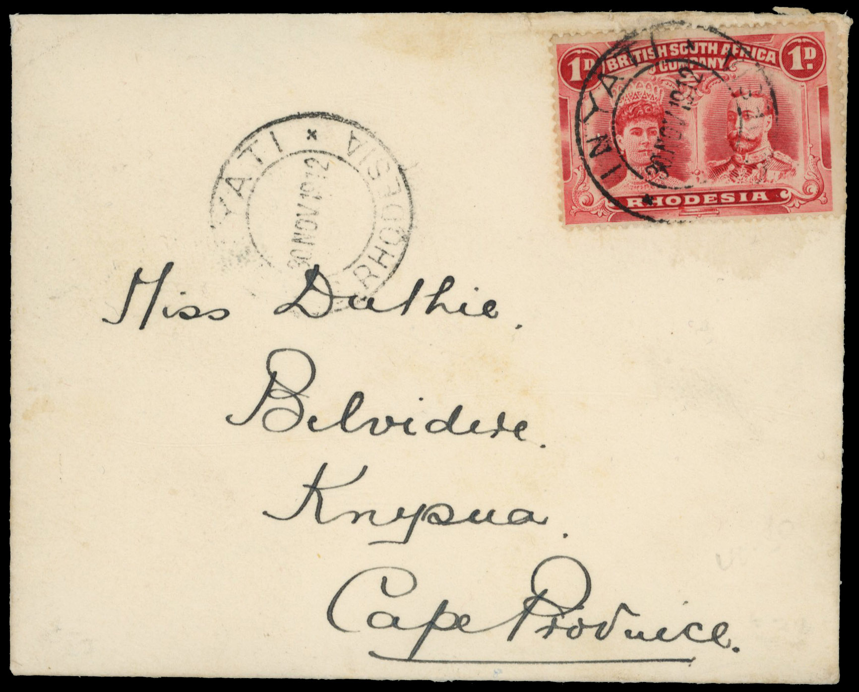 1d carmine on small envelope to Knysna, Inyati DC
