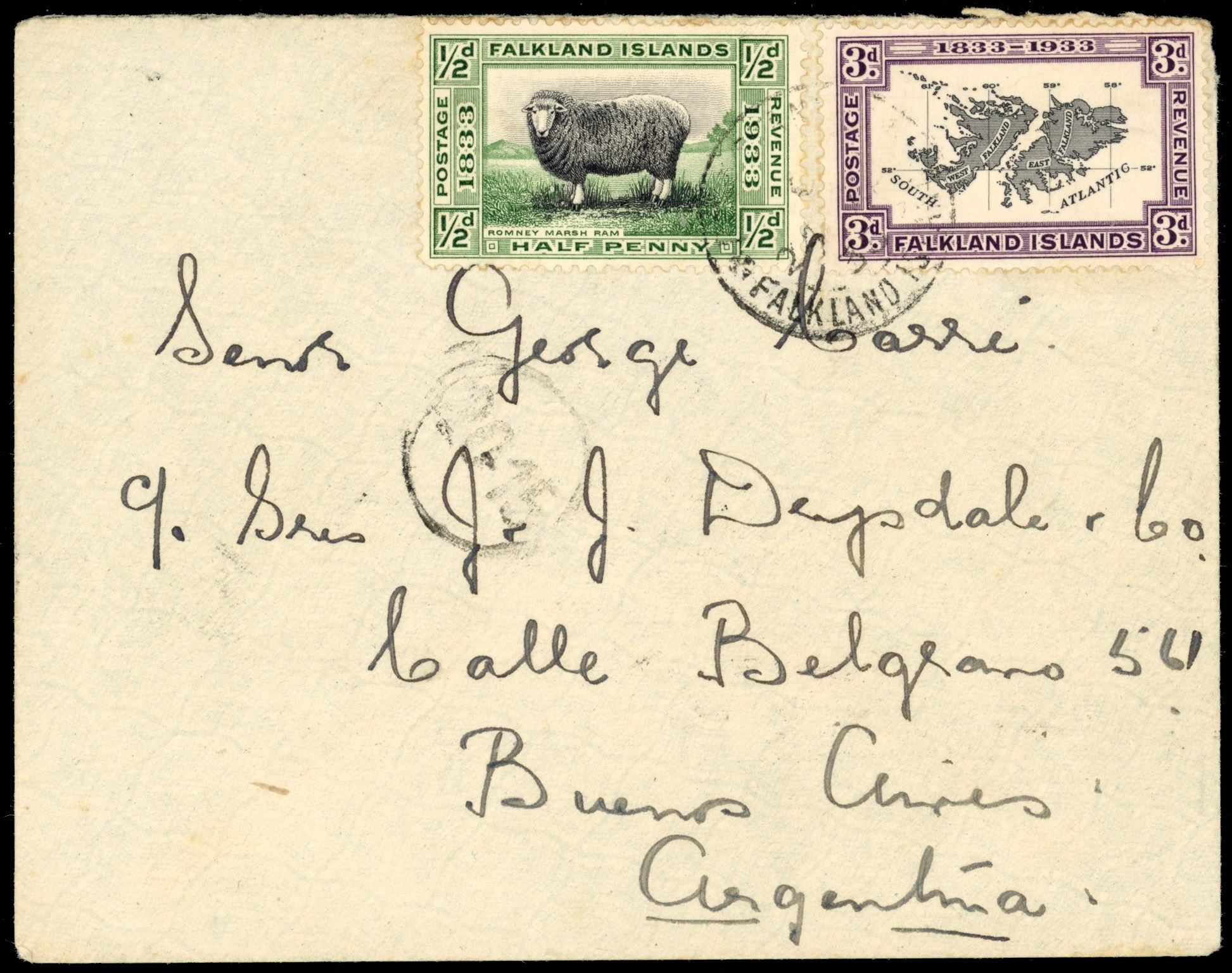 † Falkland Islands 1922 Centenary ½d and 3d used on taxed cover to Argentina