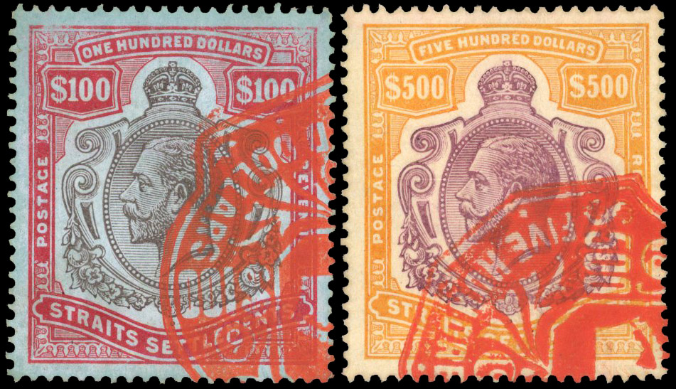 Malaya Straits SG 214, 215 1912 $100 and $500 fiscally used