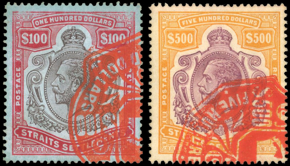 Malaya Straits SG 214, 215 1912 $100 and $500 fiscally used