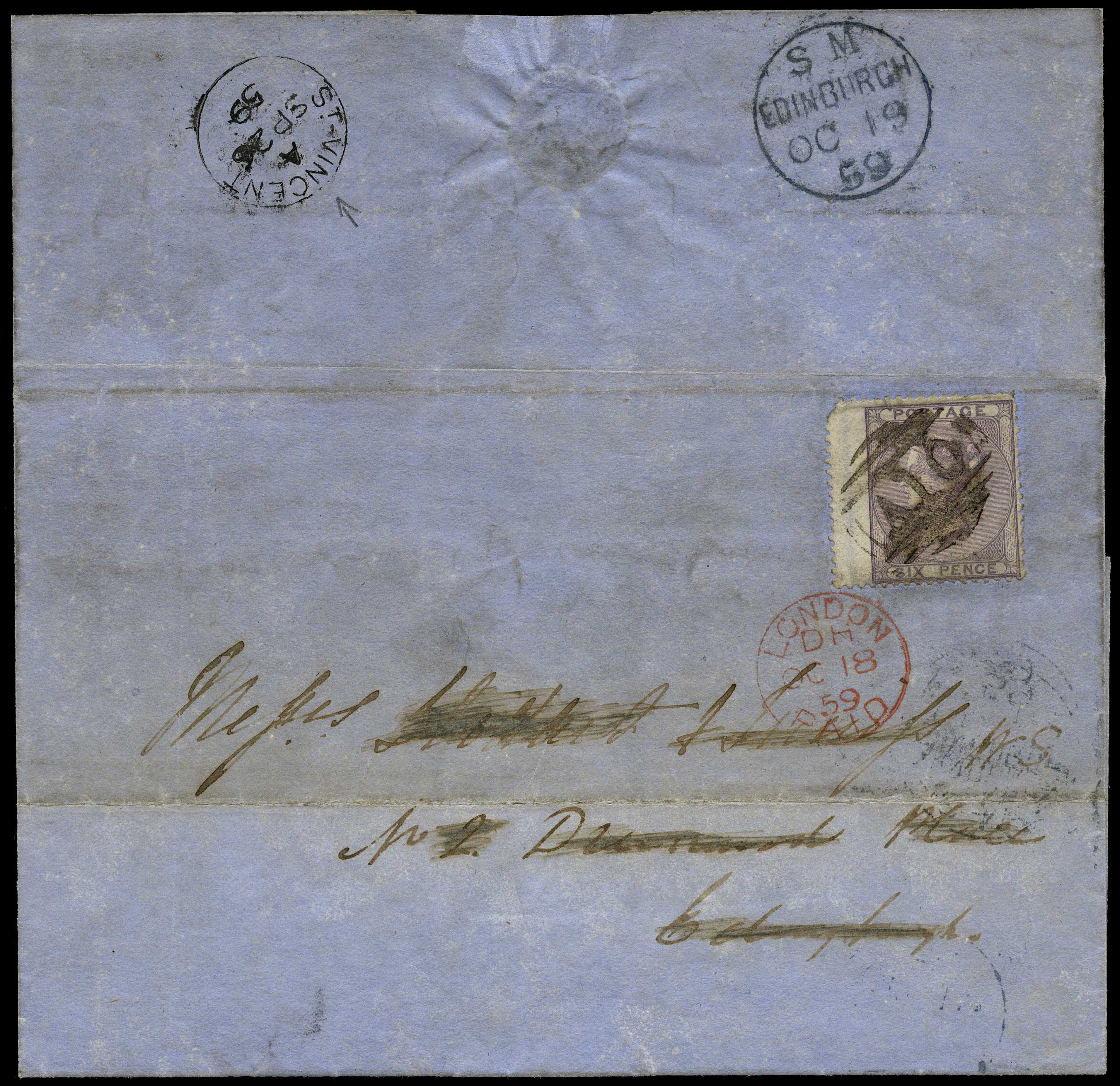 GB USED ABROAD: 1859 6d lilac with "A10"...