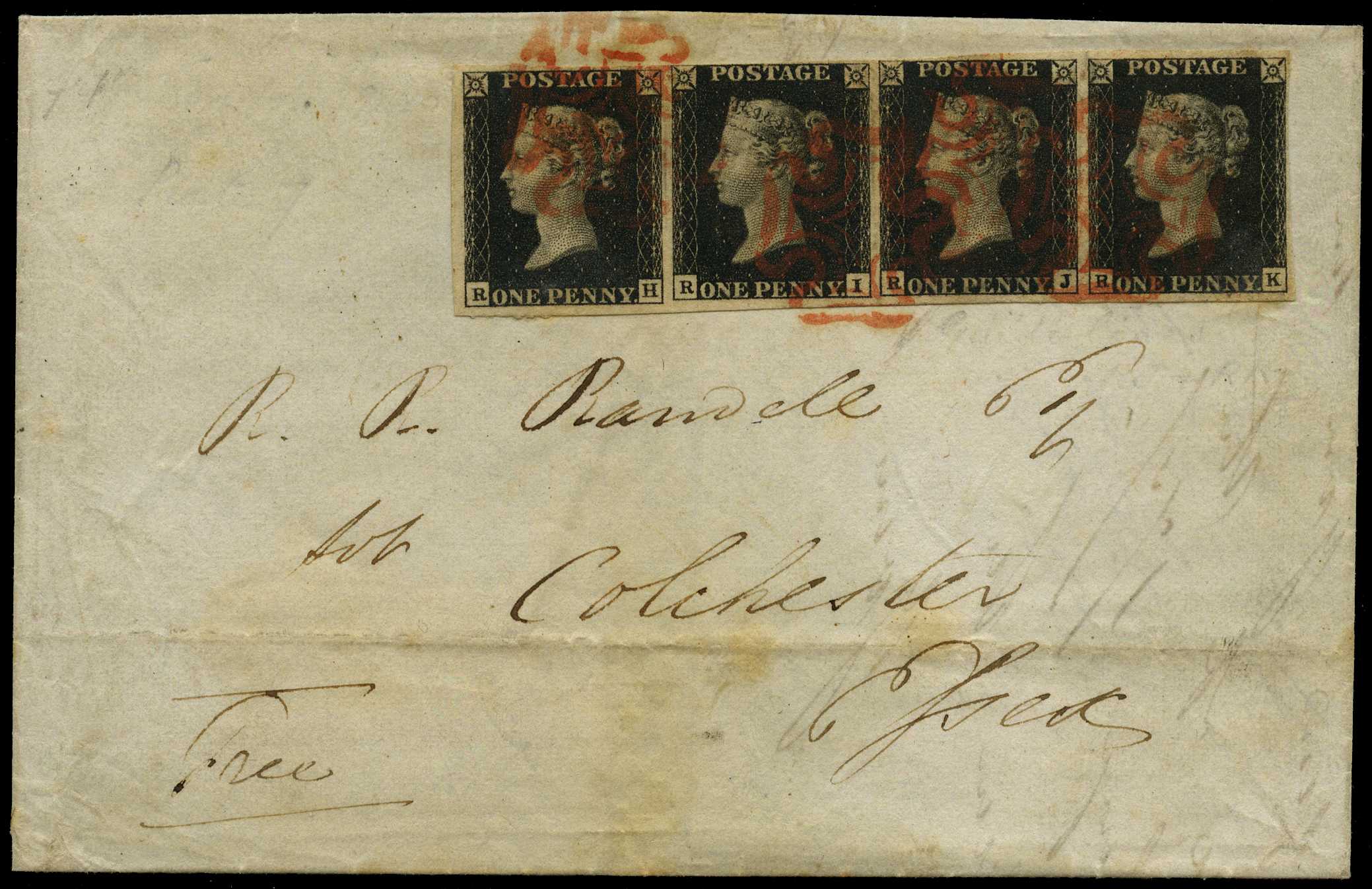 1840 1d black in horizontal strip of four,...