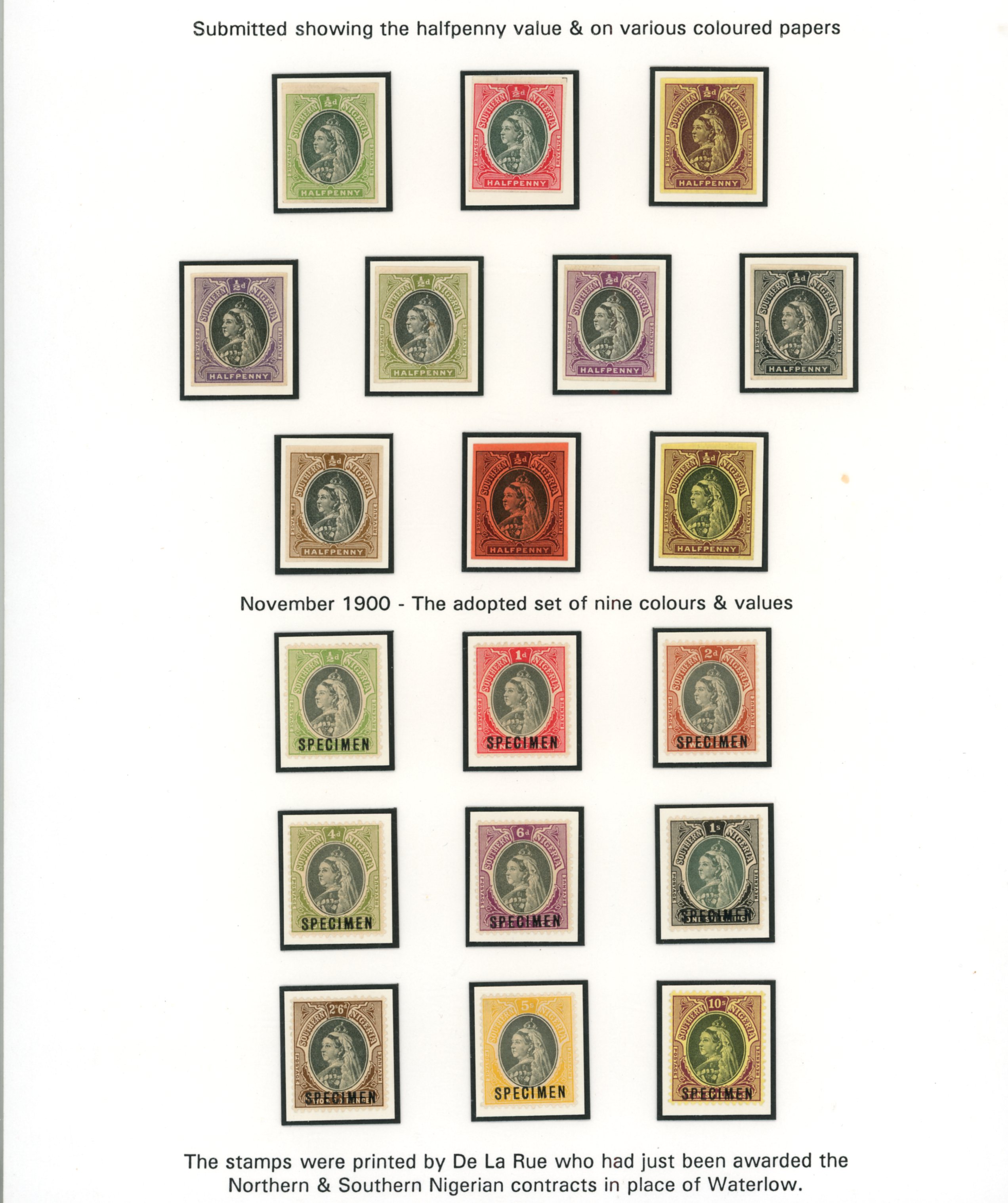 Southern Nigeria 1901-02 ½d colour trials, ten different colour...