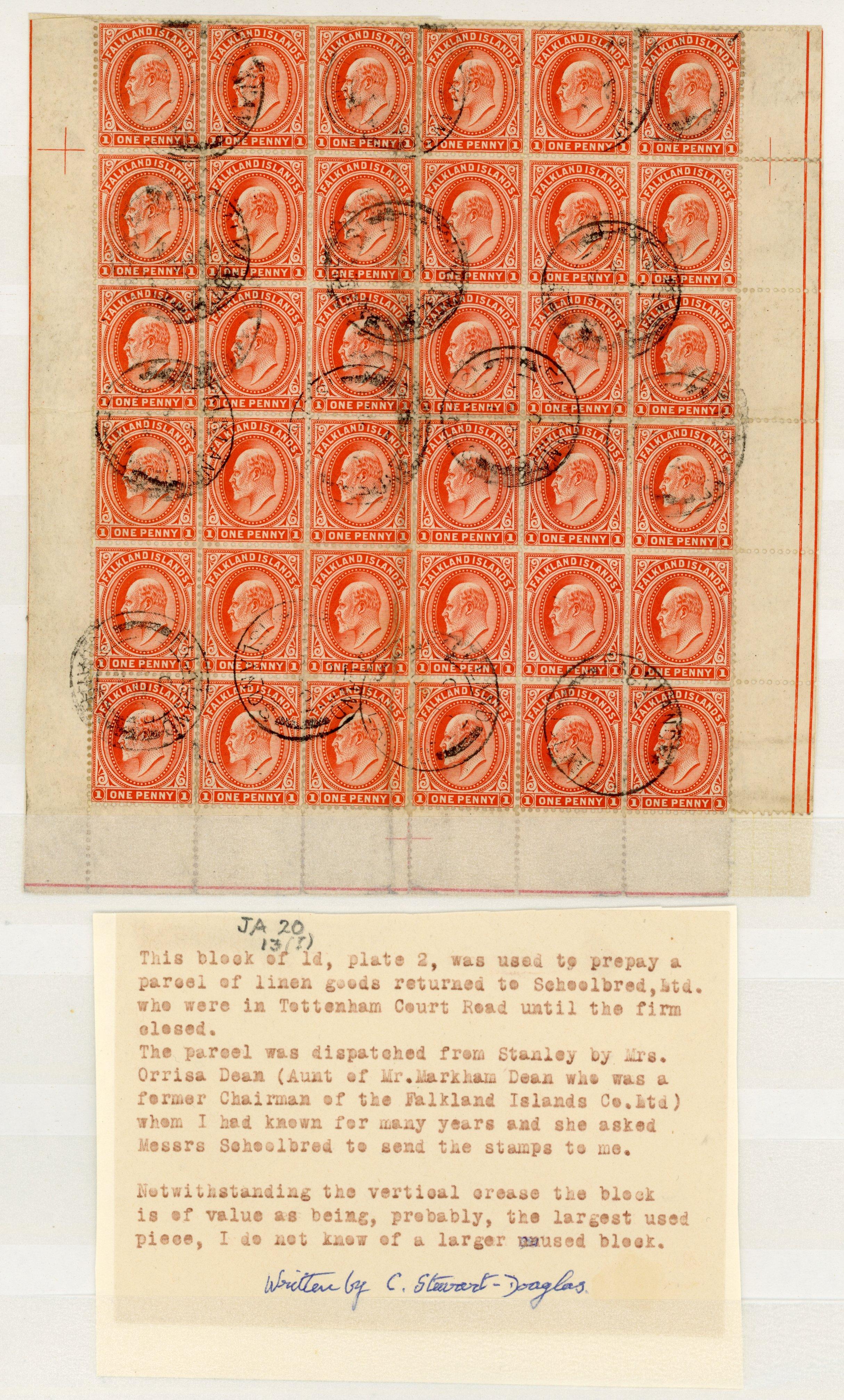 Falkland Islands SG 44e 1911 1d orange-vermilion used block of 36