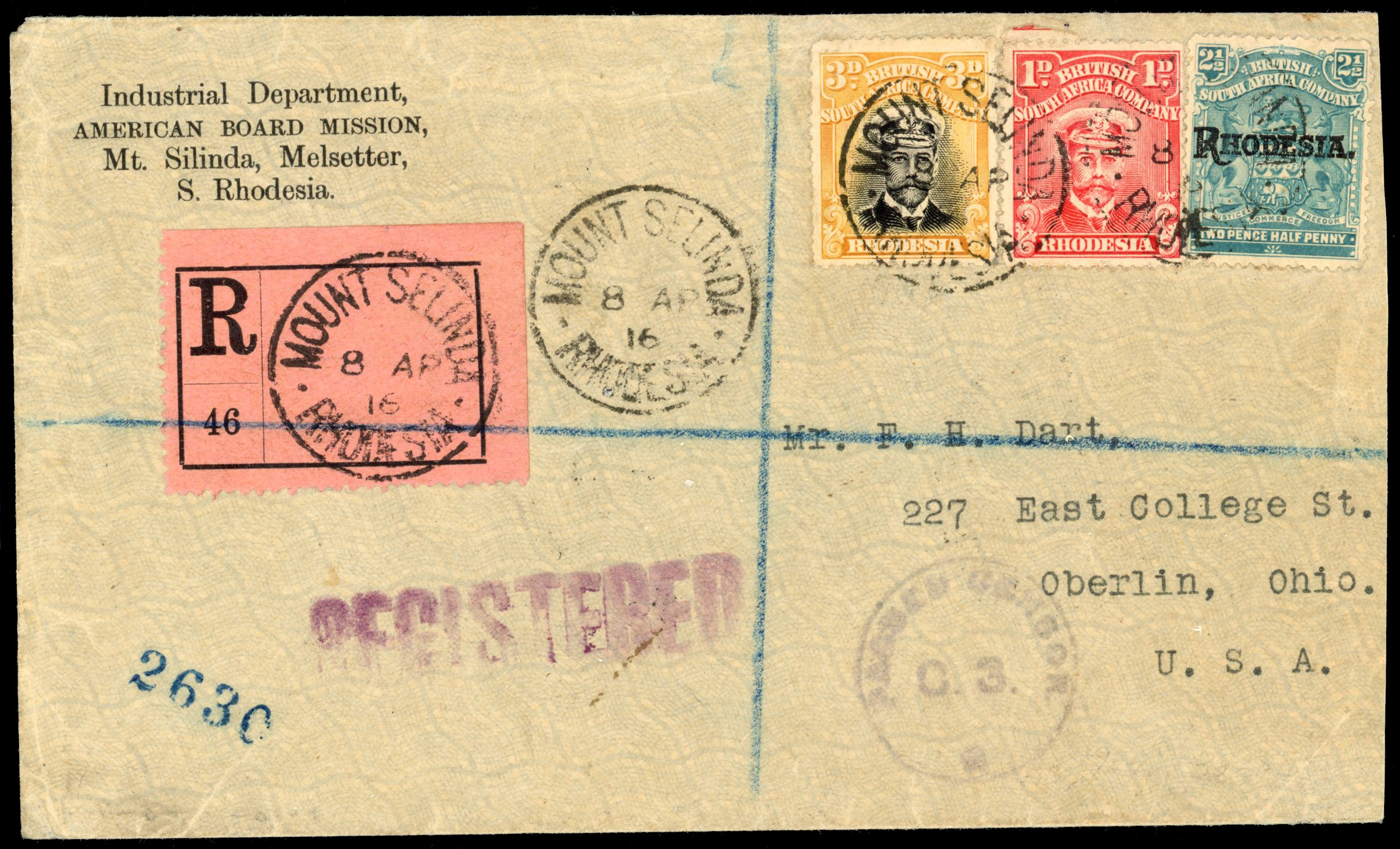 Rhodesia SG 210 1916 cover to Ohio, mixed franking