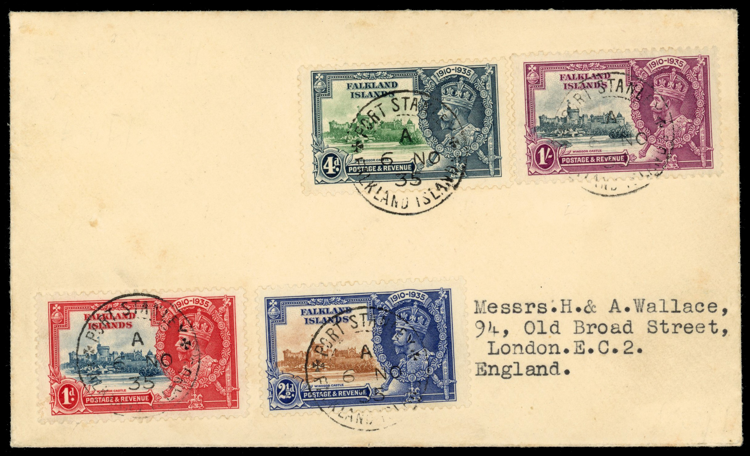 Falkland Islands SG 142a 1935 Jubilee cover, 1s with extra flagstaff