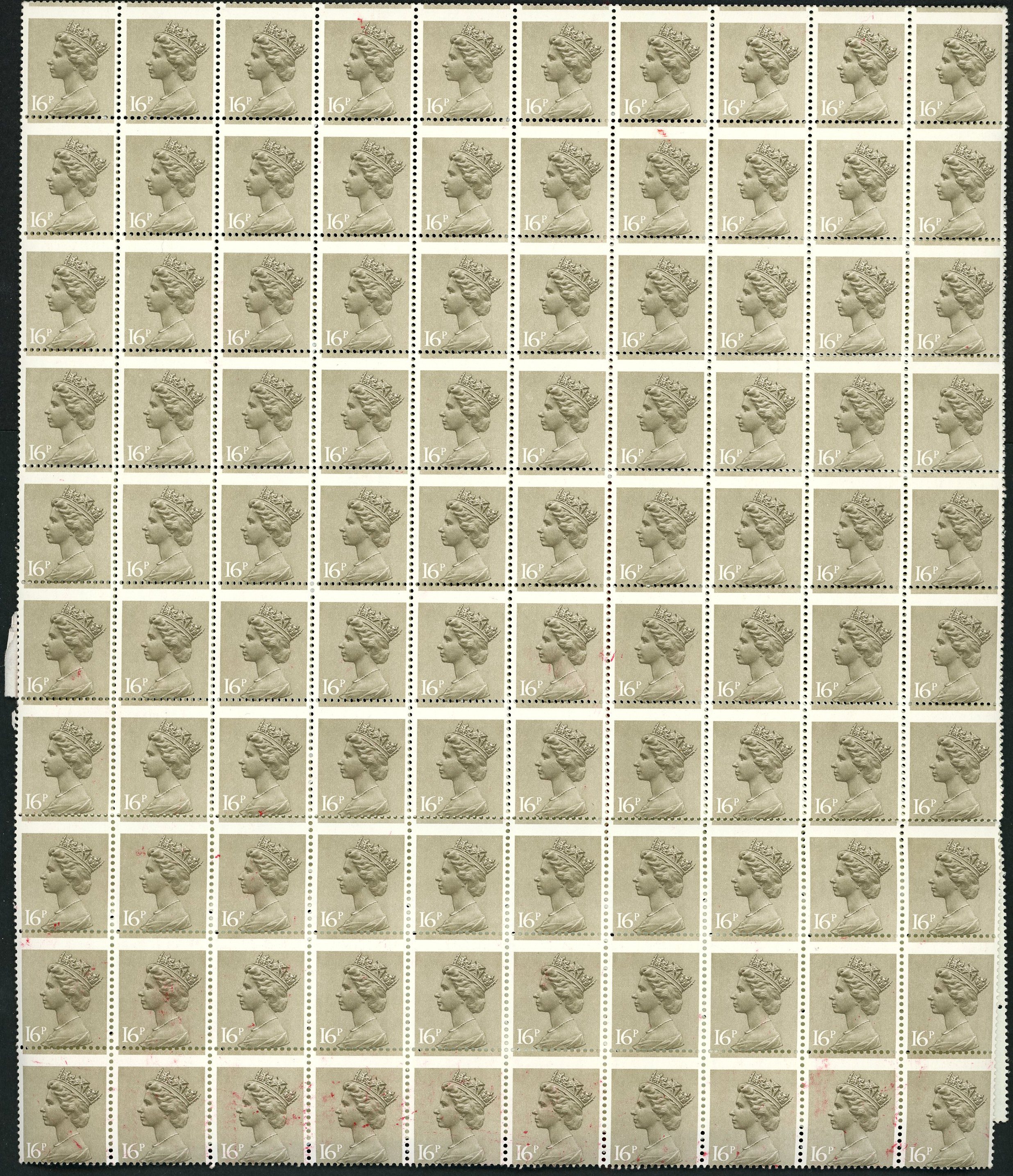 1983 16p olive-drab, two sheets of 200 with margins removed and a block of 180 (9 x 20) all mis-perforated.