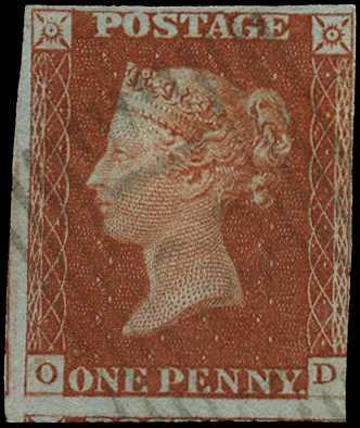 1841 1d red-brown, (OD) 3 margin example,...