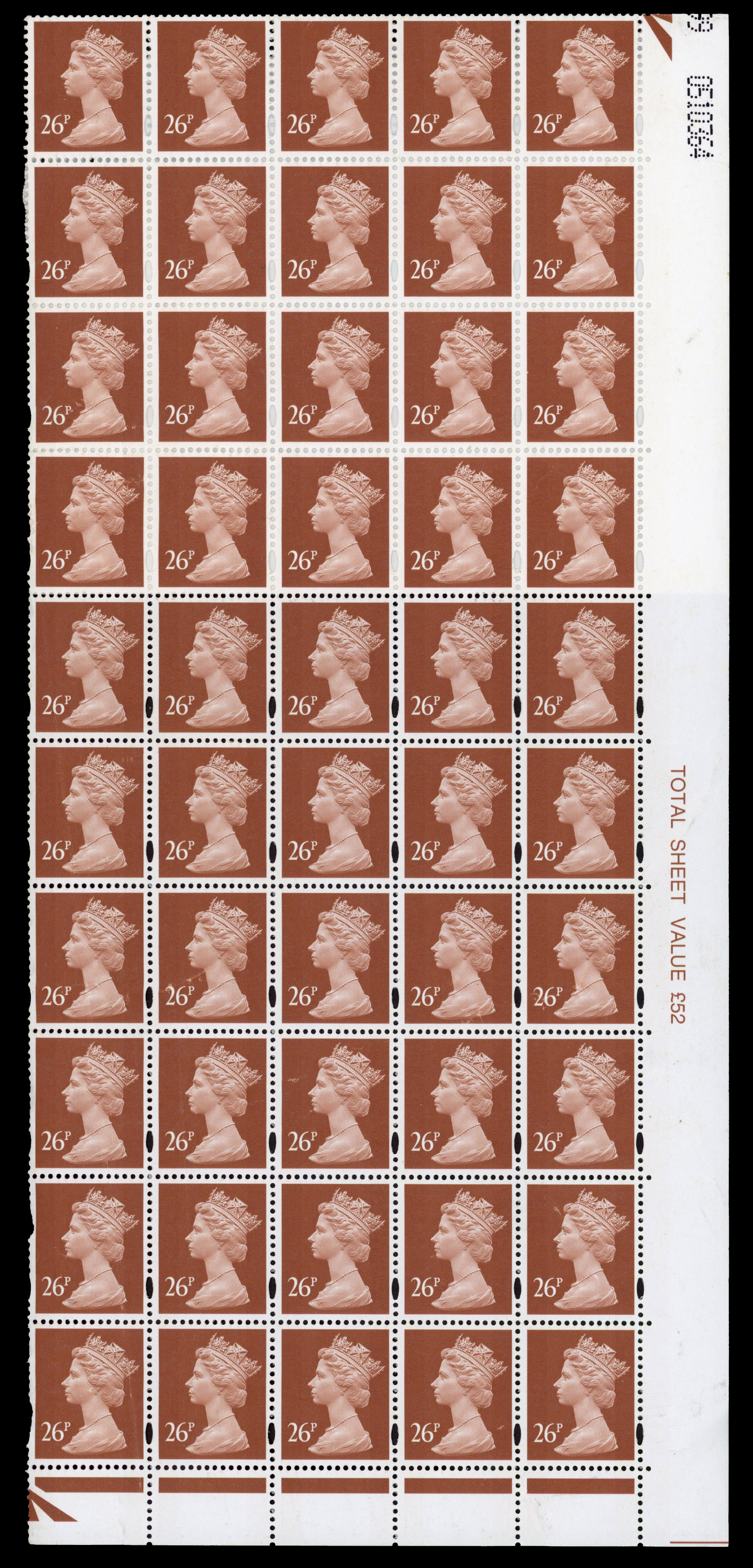 GB: 1996 26p red-brown (2 bands) r/h marg block 70 (14x5) rows 11 and 12 imperforate, rows 13 and 14 Y1691a