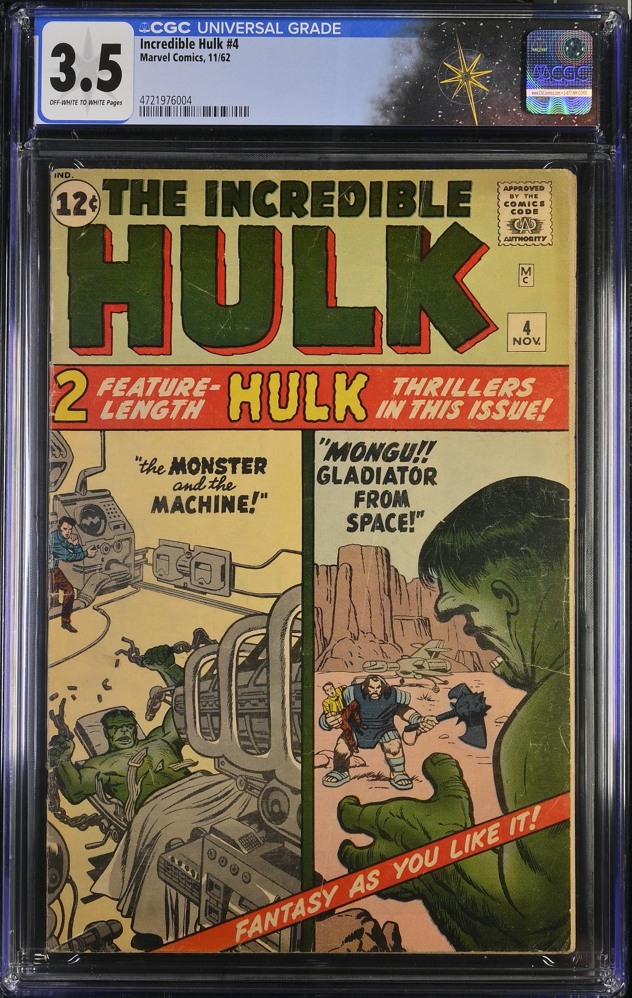 Incredible Hulk #4 CGC 3.5 Cover by Jack Kirby & Dick Ayers Story by Stan Lee (Marvel Comics, 1962) Off White to White Pages