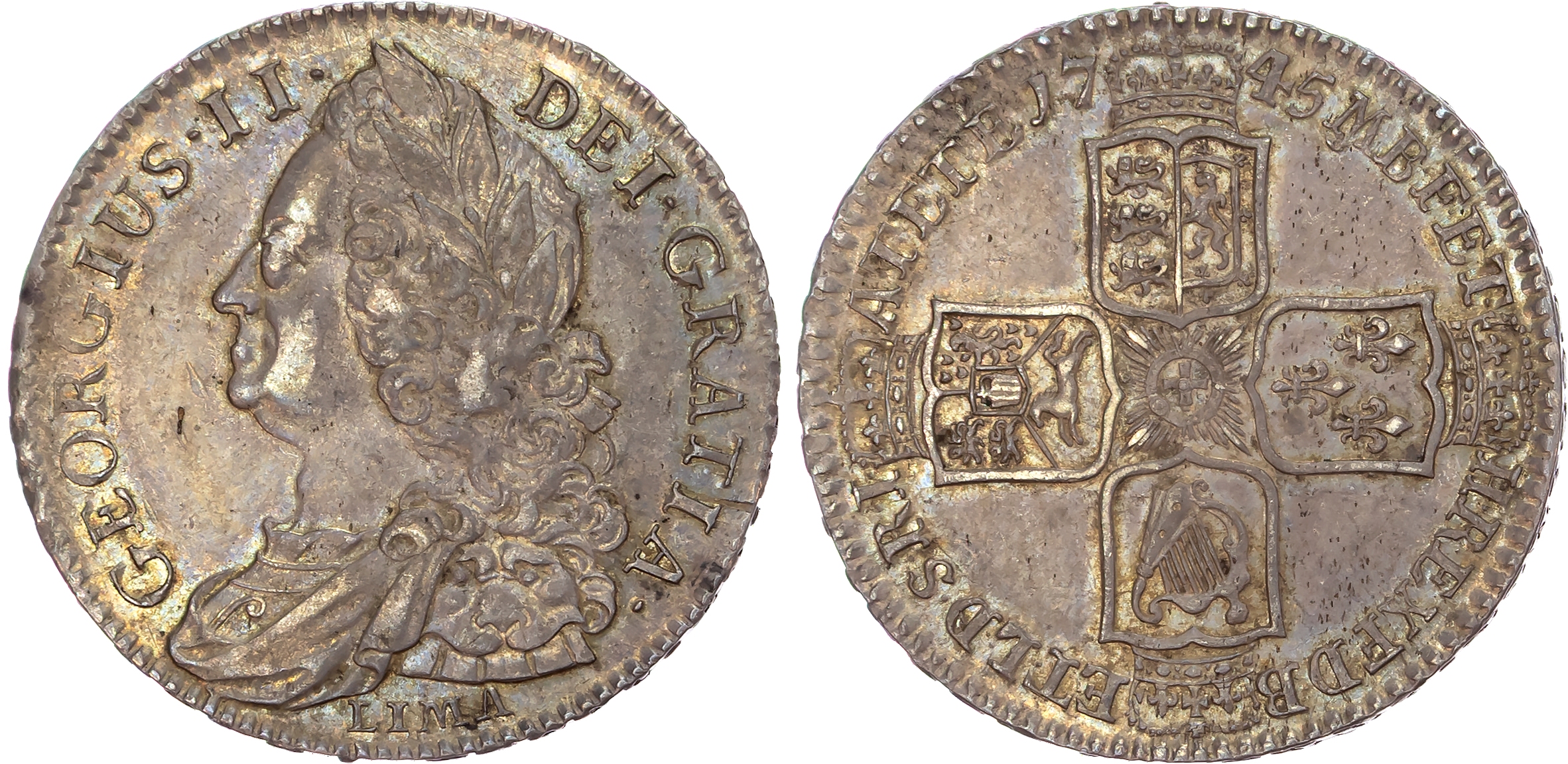 George II (1727-1760), AR Halfcrown, 1745 LIMA, NONO.