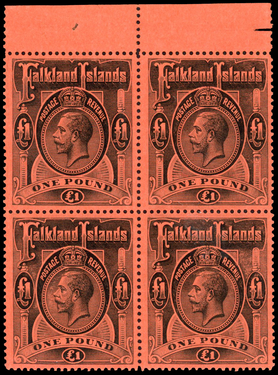 Falkland Islands 1912-20 £1 black/red block of 4