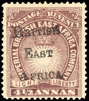 British East Africa SG 39b 1895 handstamped 4½a brown-purple mint