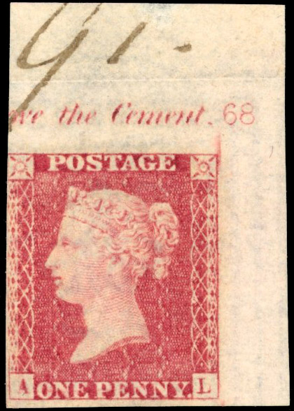 GB SG 40 1857 1d Plate 68 imprimatur with plate number