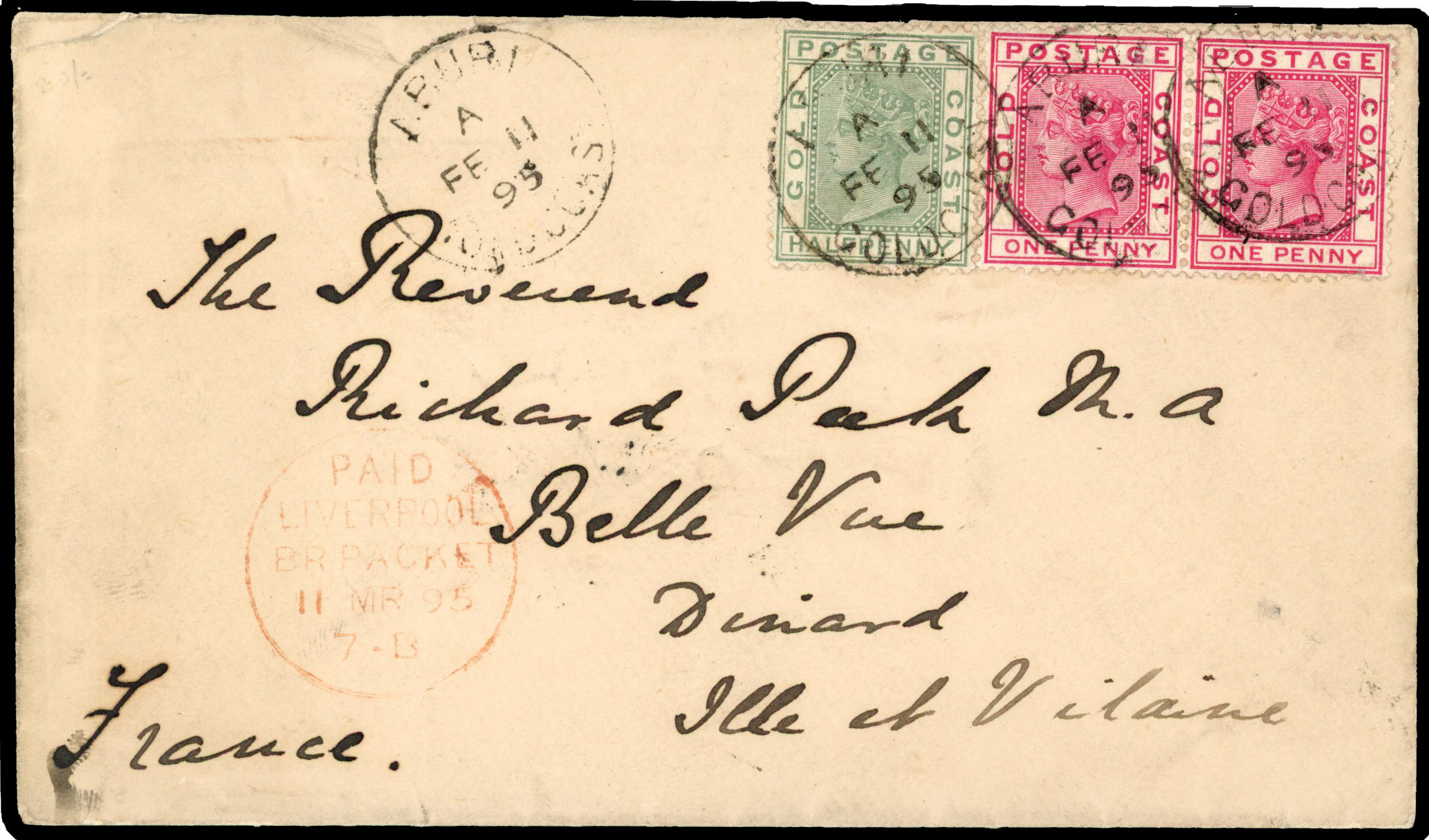 1895 cover to France franked ½d and 1d pair cancelled ‘ABURI/A/FE 11 95’ cds. ADDED TO R2000893/44