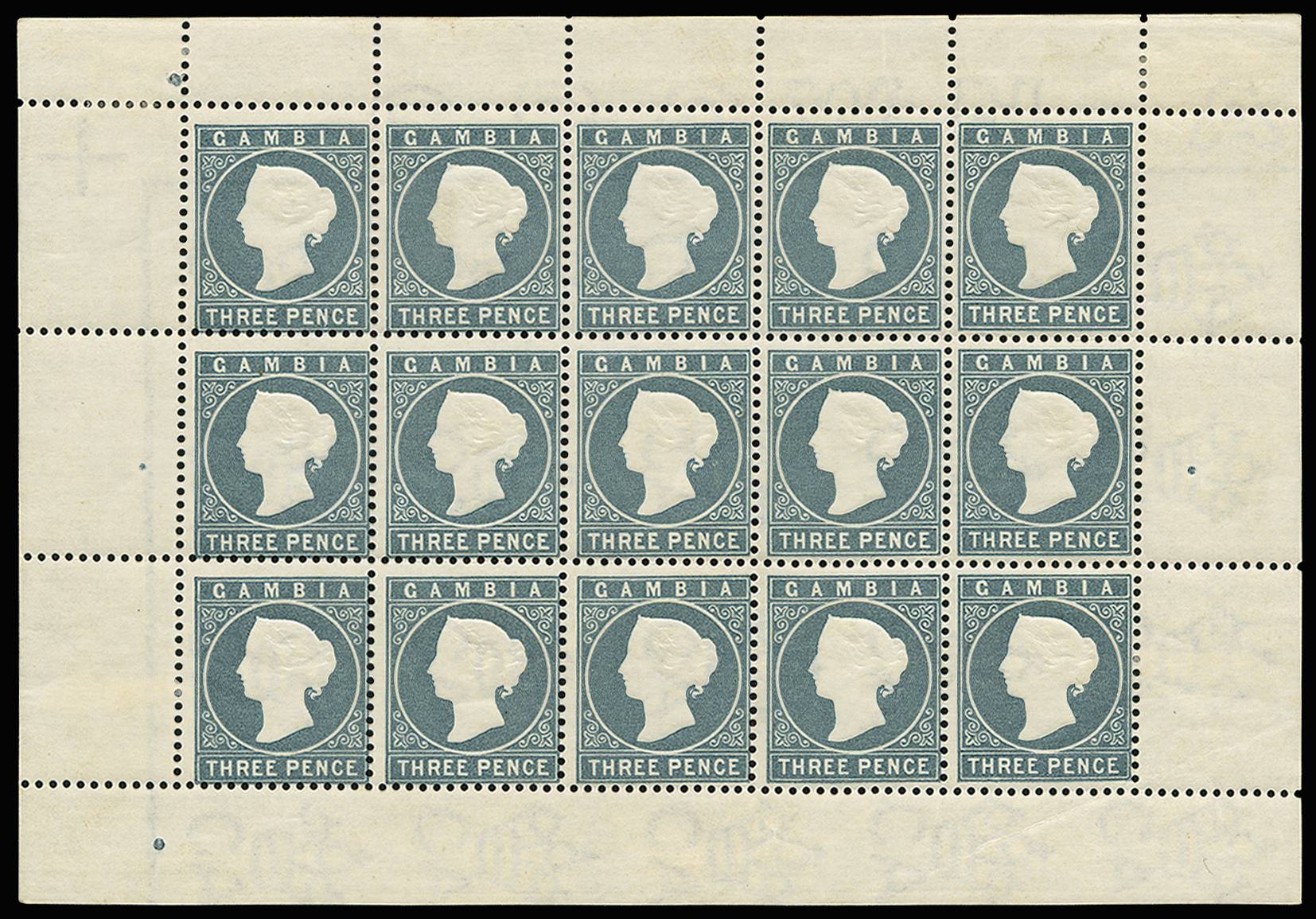 GAMBIA SG 28 var 1886-93 3d PEARL-GREY WMK CA COMP SHEET