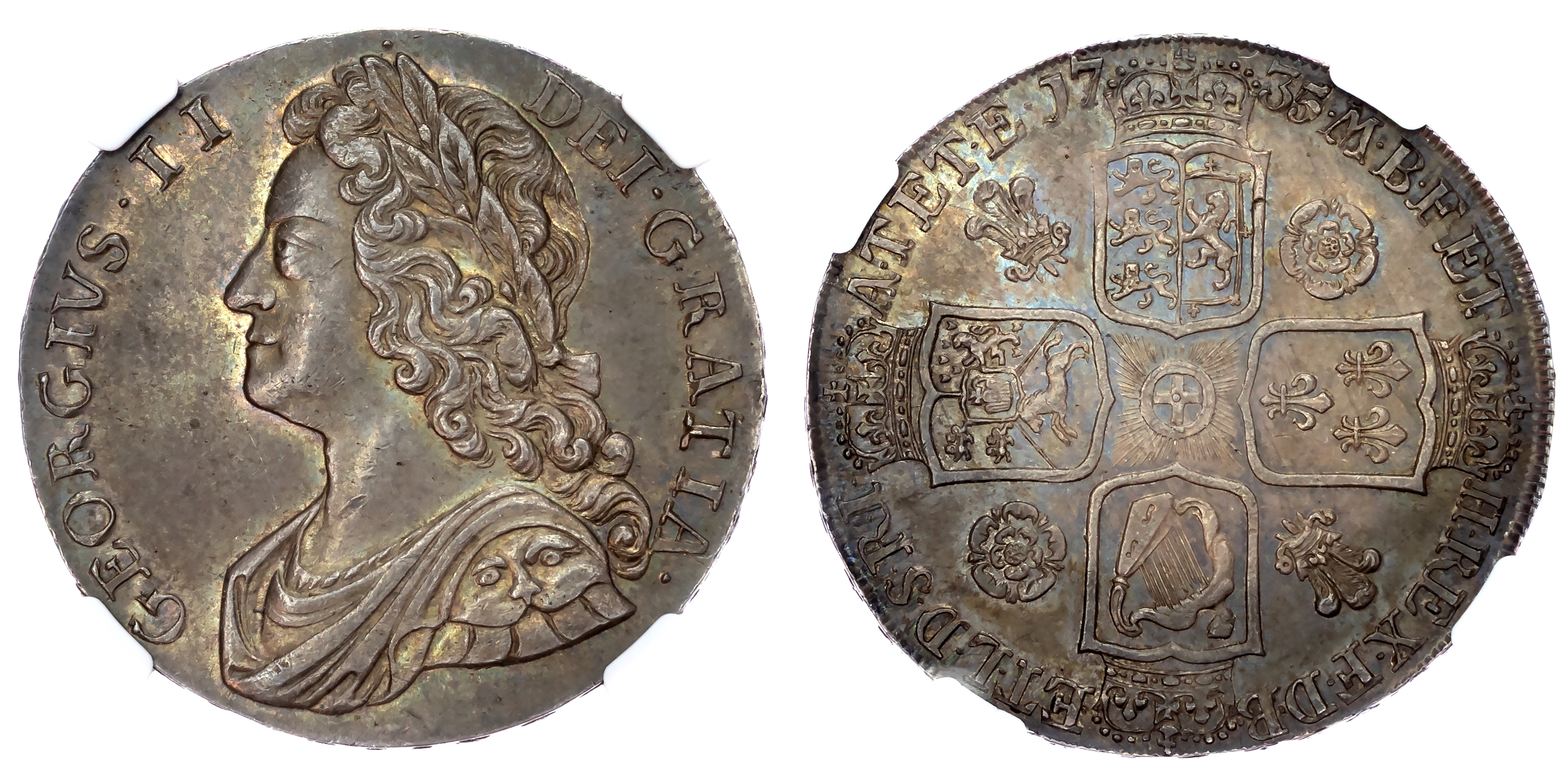 George II (1727-1760), AR Crown, 1735, OCTAVO, roses and plumes, MS 62.