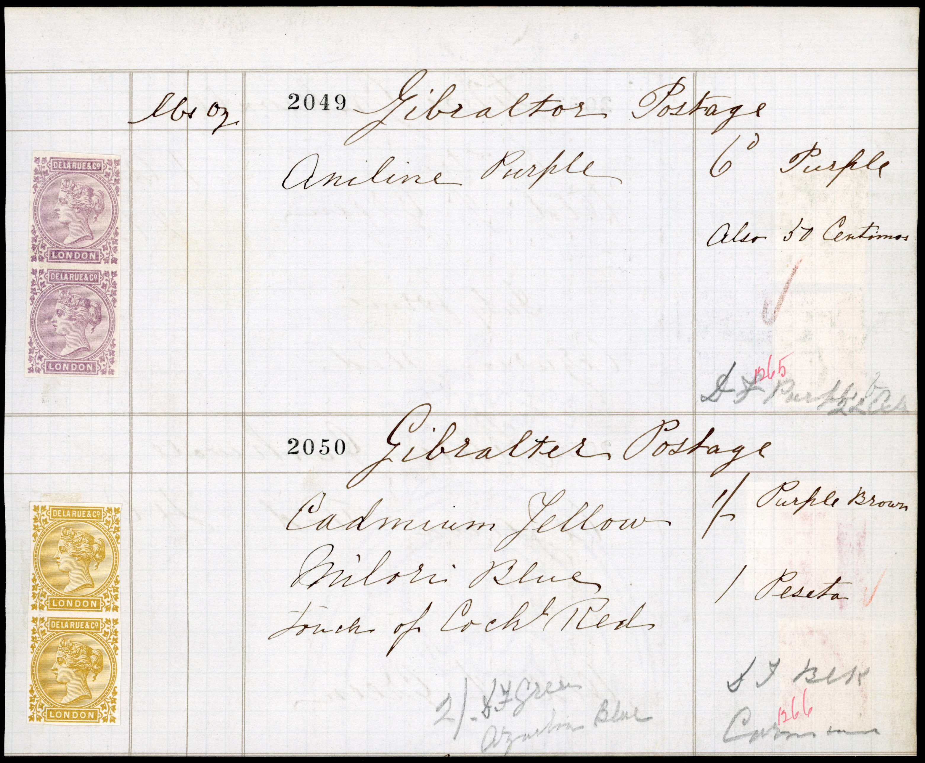 GIBRALTAR: 1886/96 piece from the De La Rue Ink Recipe Book ‘Gibraltar Postage’ with ink recipes for the 6d “aniline purple