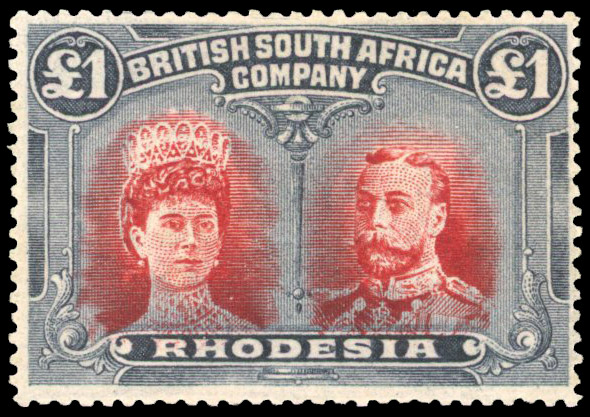 Rhodesia 1910-13 £1 scarlet and (aniline indigo) blue-black perf 15