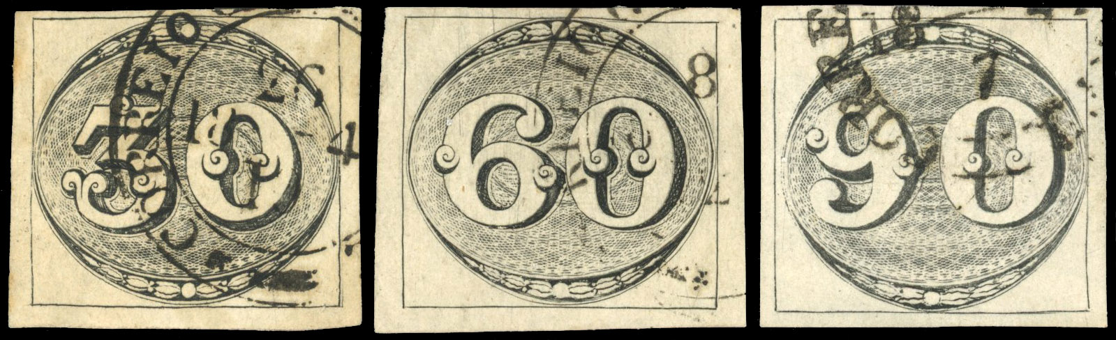 Brazil Bull's Eye 1843 Worn Impression set of three used