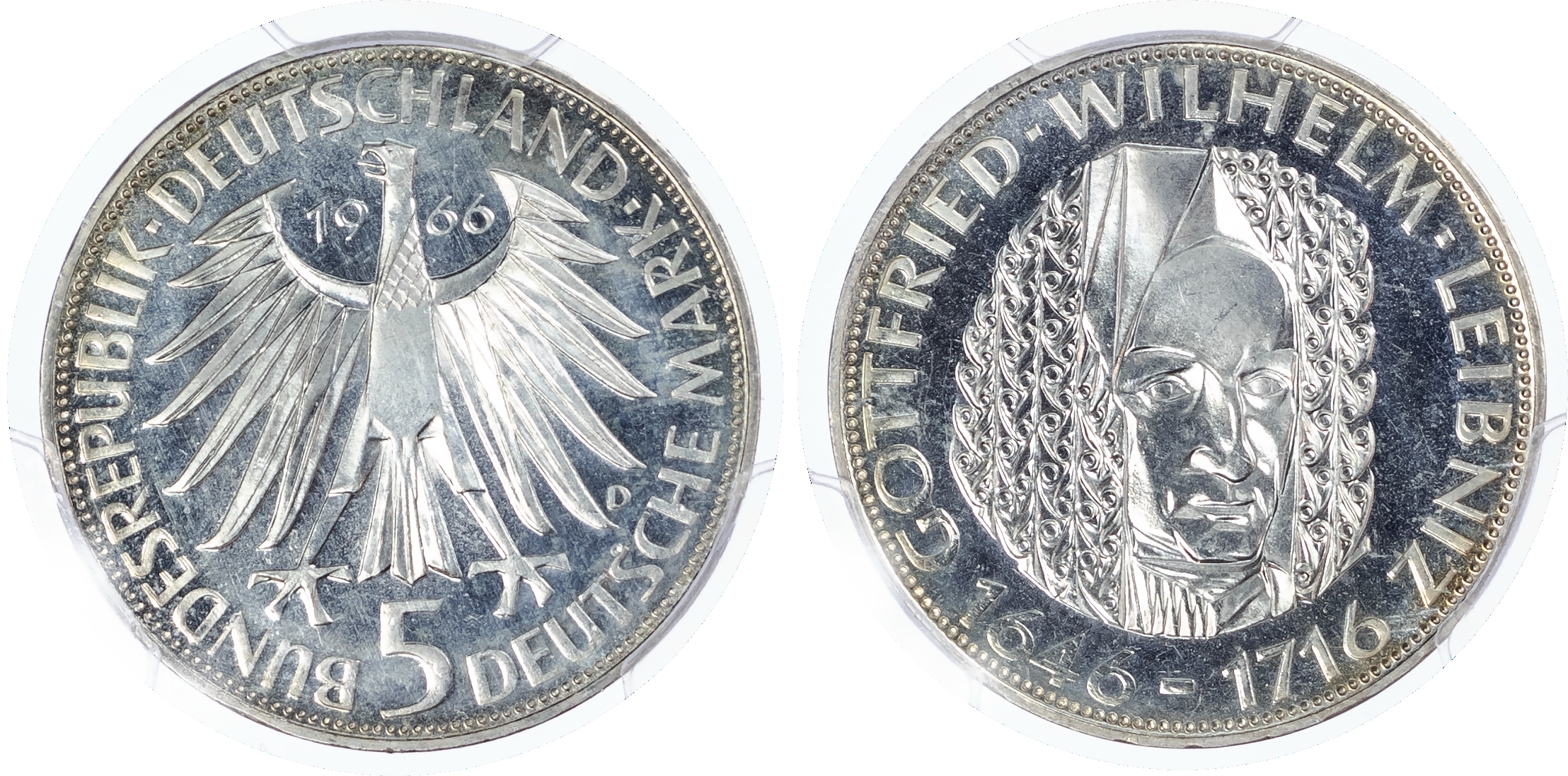 Germany, Federal Republic. Wilhelm Leibniz AR Proof 5 Marks. 1966D. 