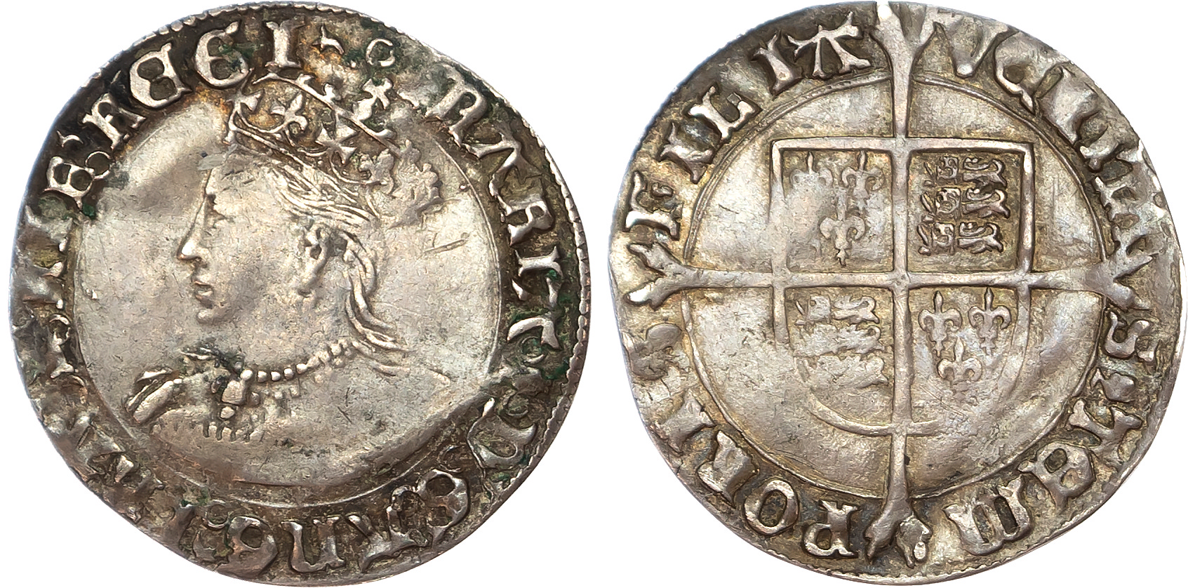 Mary (1553-1554) Groat, mintmark pomegranate both sides.