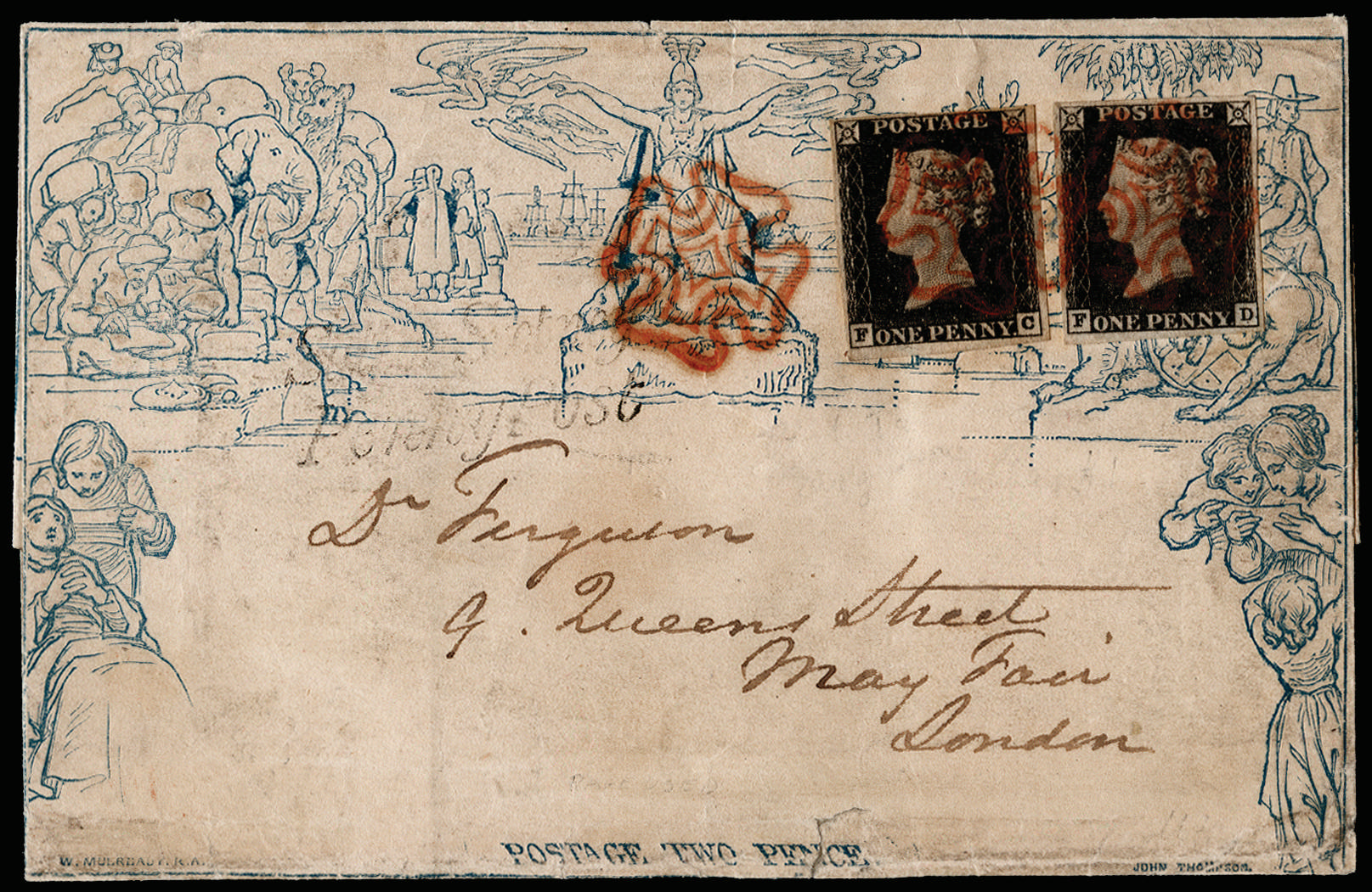 GB 1840 2d Mulready lettersheet, uprated, used in May 1840