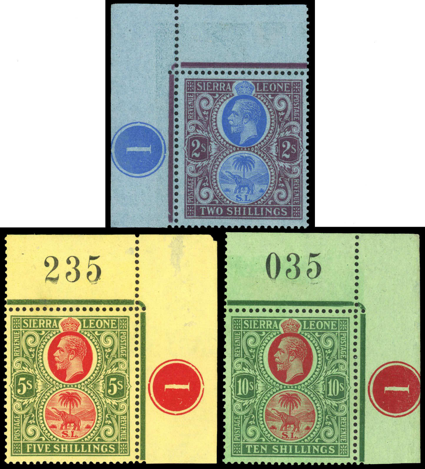 Sierra Leone 1921-27 2s, 5s, 10s plate number singles