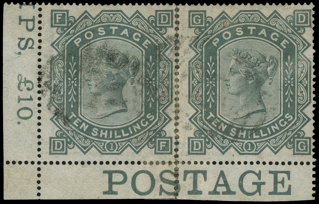 1878 10s greenish grey 1s green plate 1, l/l marginal horizontal pair...