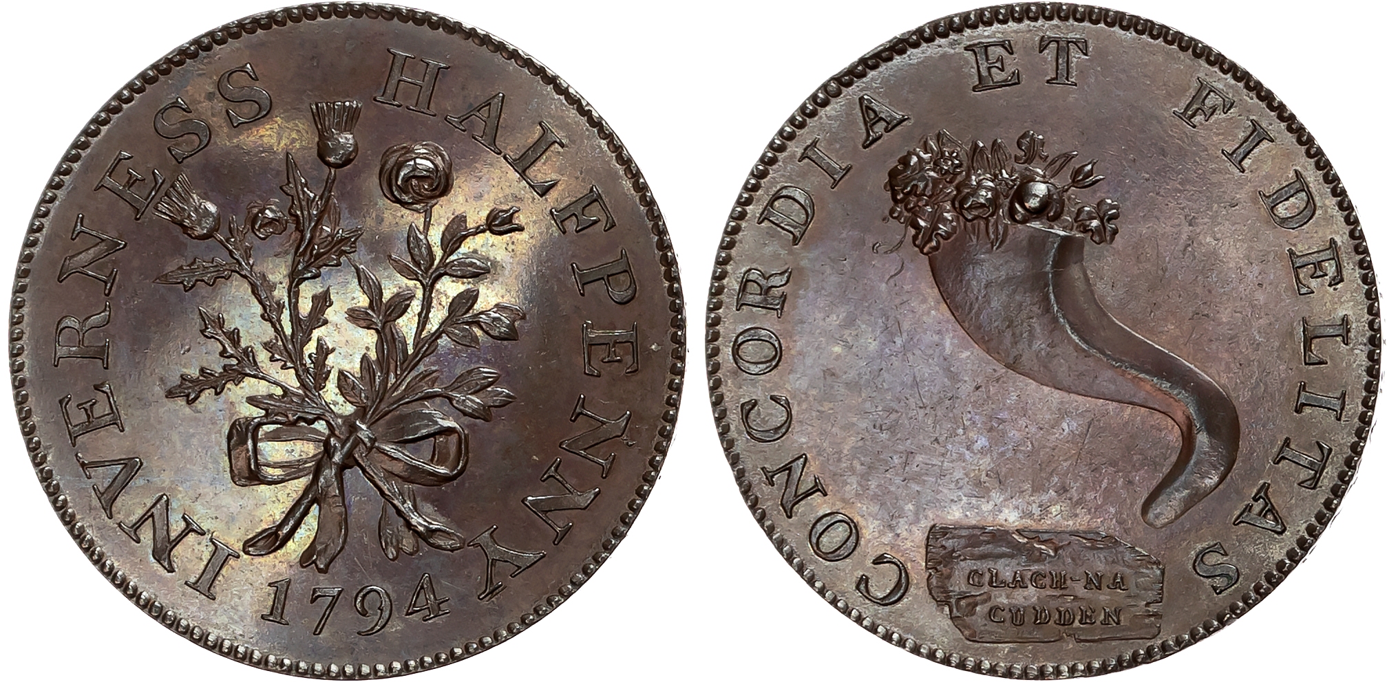 Inver.  Inverness, Mackintosh, Inglis & Wilson Halfpenny 1794, Cornucopia over the Cudden Stone, rev. thistle and rose u …
