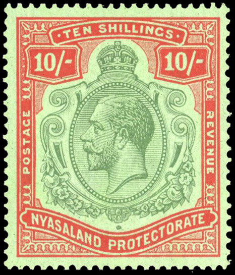 Nyasaland SG 113b 1926 10/- R2/12 broken crown and scroll mint