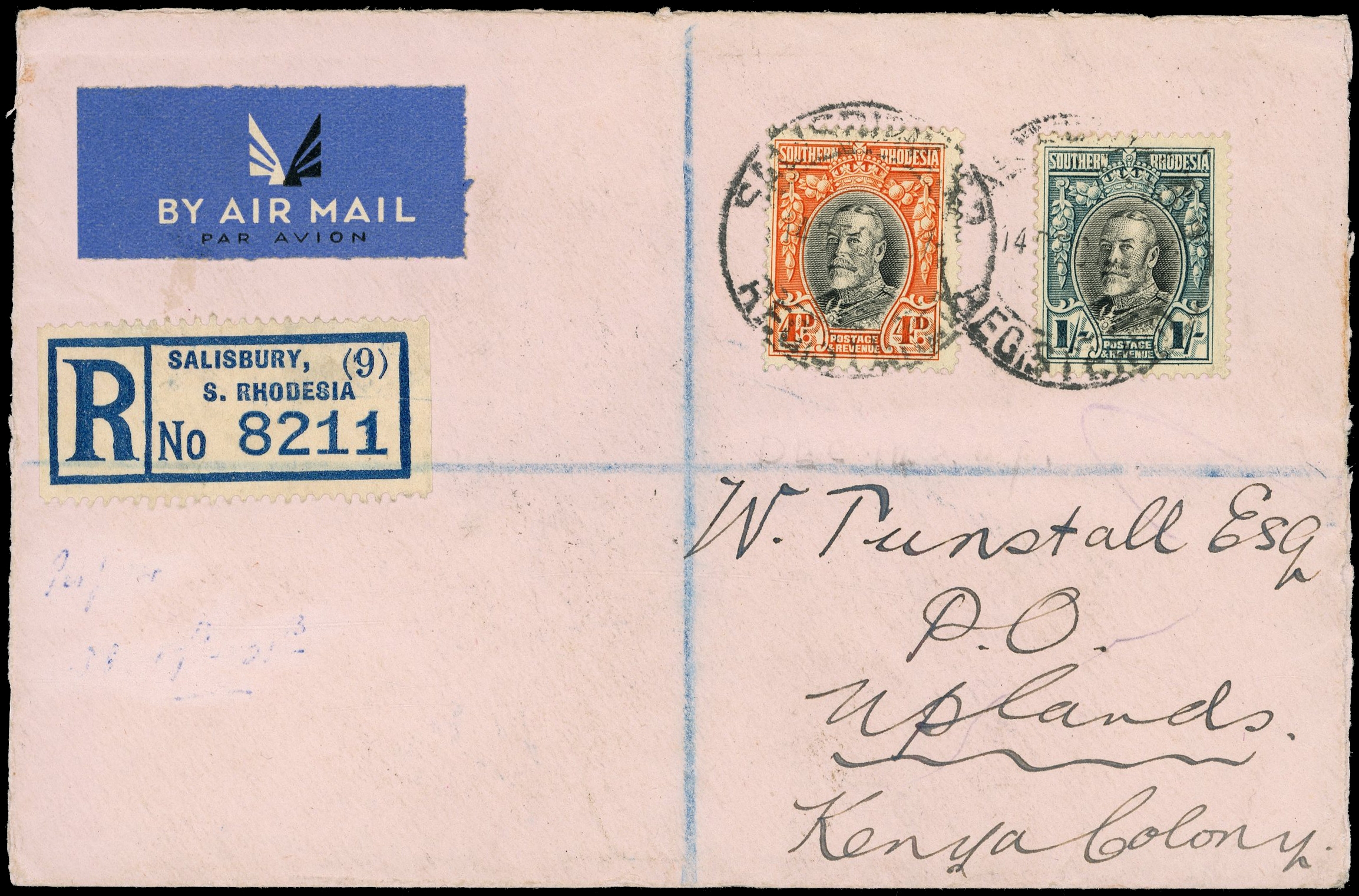 1937 registered airmail cover to Kenya