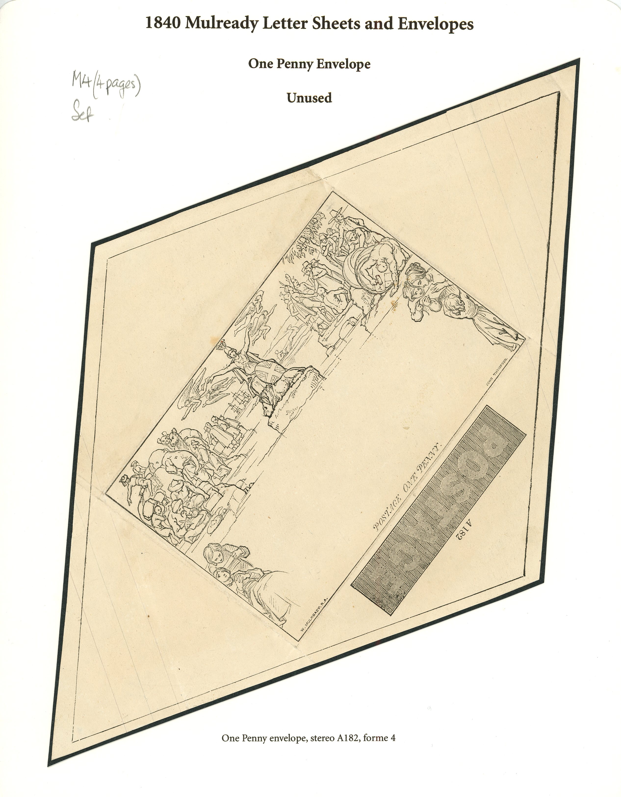 1840 set of 4 Mulready 1d and 2d envelopes (stereo A182, forme 4, a203) and 1d and 2d letter sheets (A64, forme3, stereo...