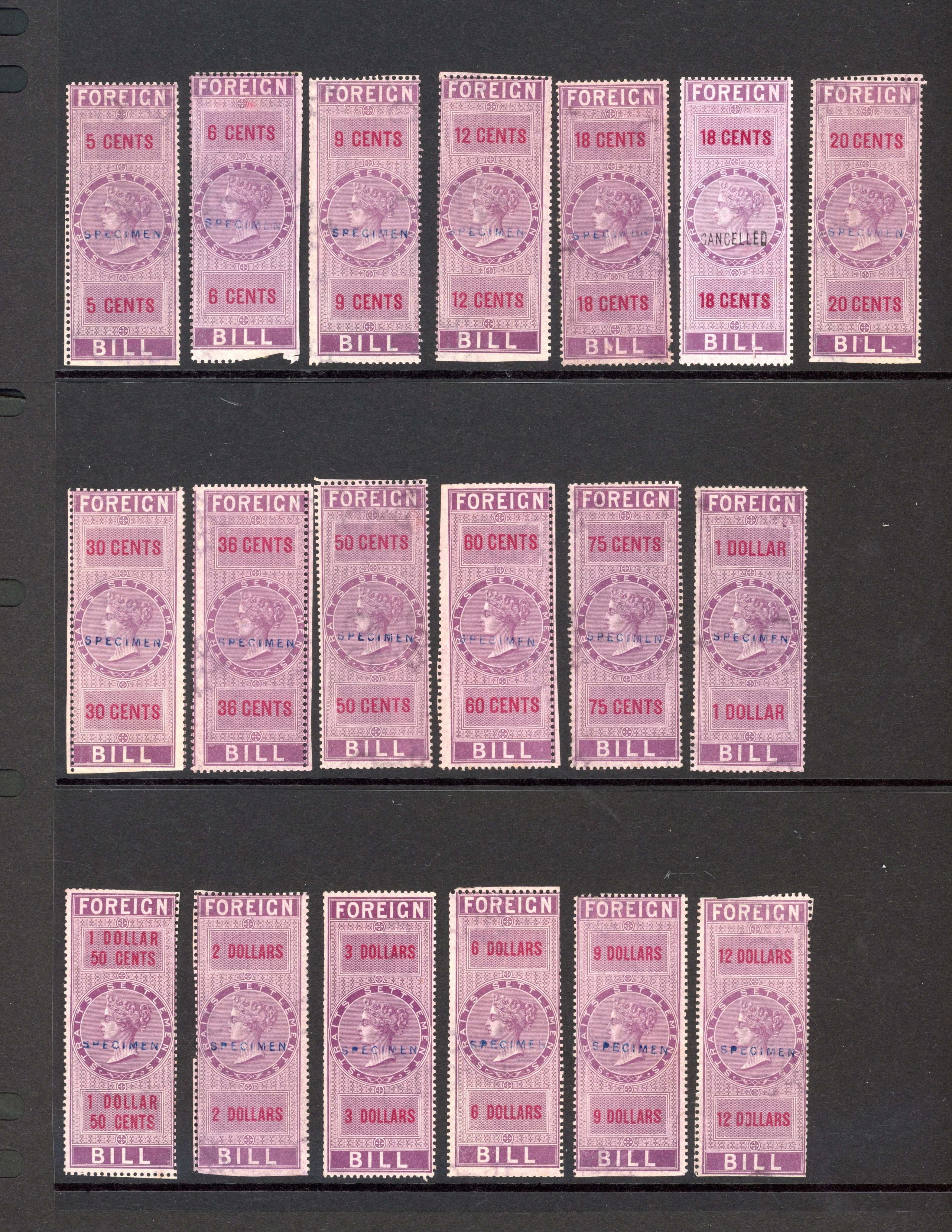 Straits Foreign Bill 1867-72 set Specimens