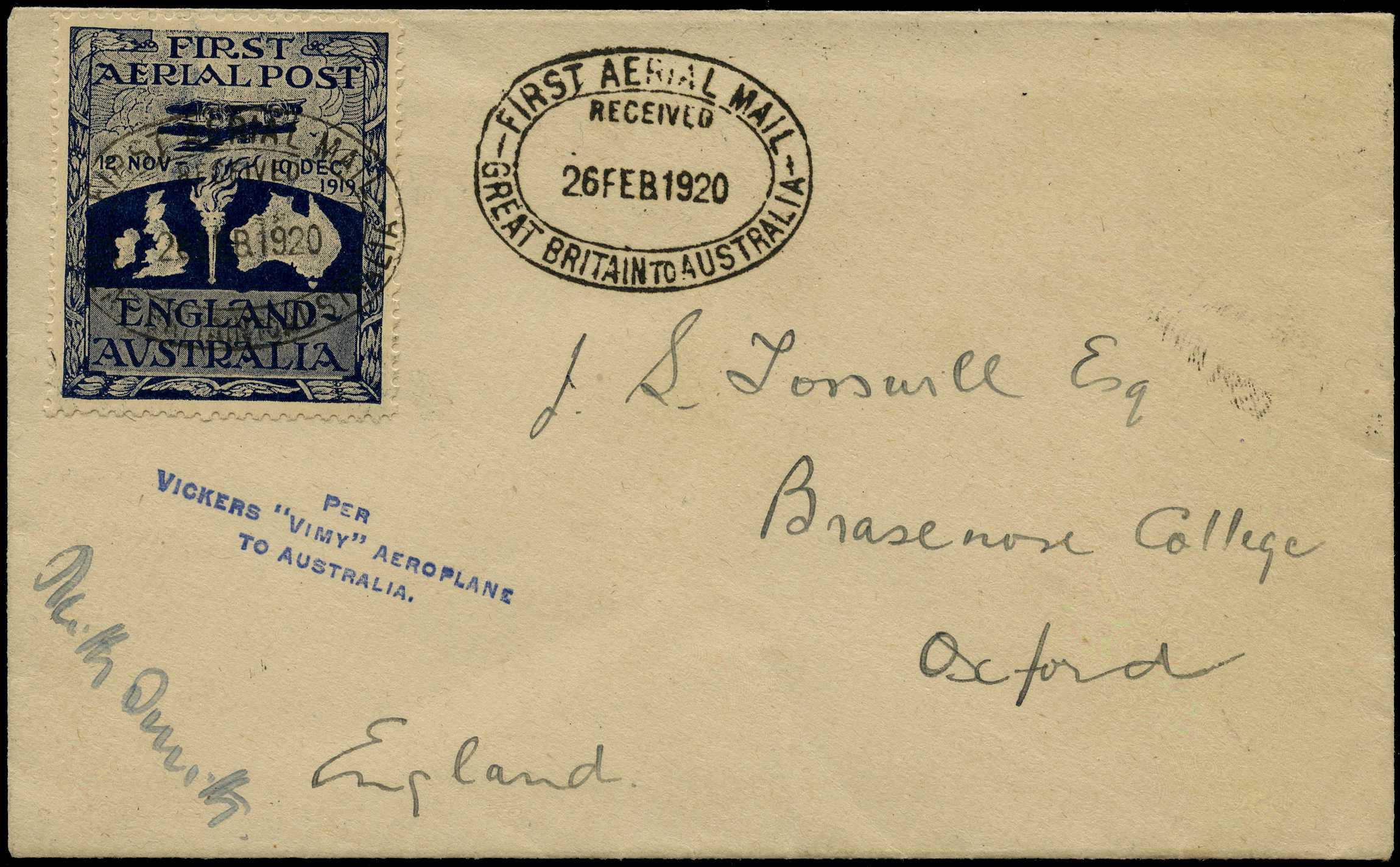 AUSTRALIAN FLIGHT COVERS: 1920 Ross Smith...