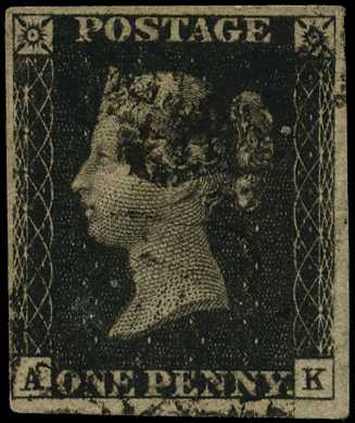 1840 1d black, plate 4 (AK) 4 margins, close...