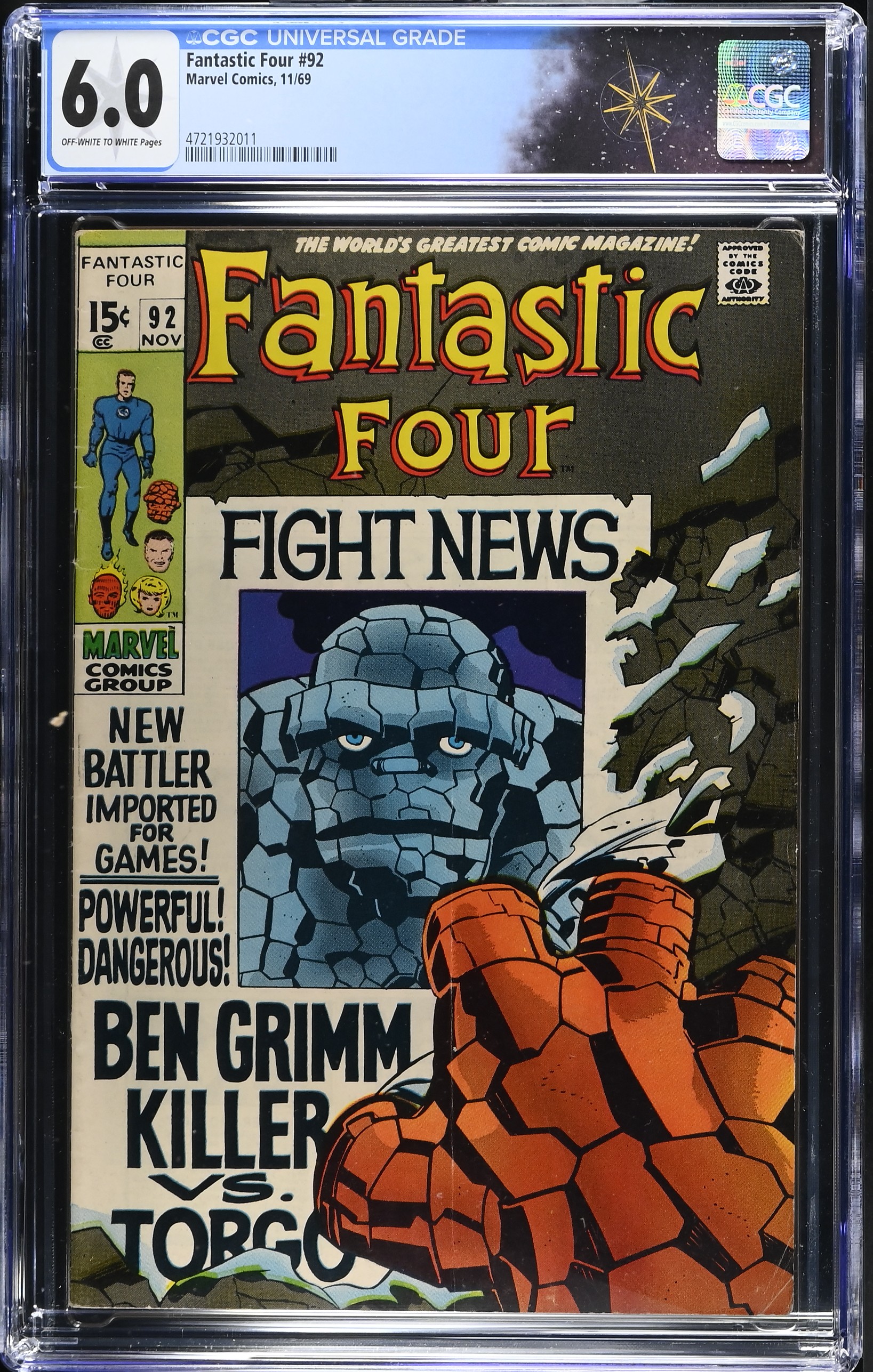 Fantastic Four #92 CGC 6.0 "Ben Grimm, Killer!" (Marvel Comics, 1969) Off-White to White Pages