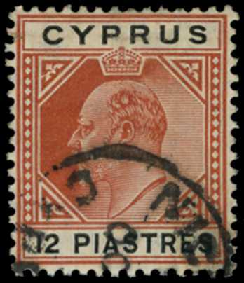 Cyprus 1904-10 12pi chestnut and black, variety "Broken top left triangle", SG 69a